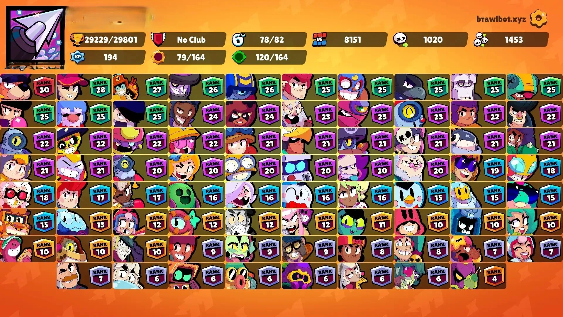 BS1787 29229 trophies 78 of 82 brawlers almost full roster with many rank 25 plus brawlers and legendary skins like Bo Mecha Virus and more (G).