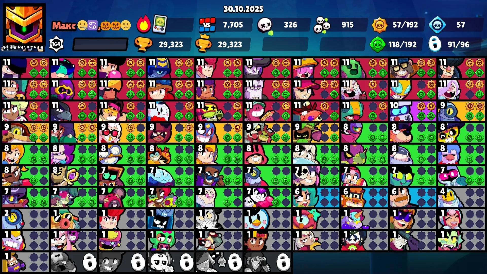 BS1792 29323 trophies 91 brawlers huge skin collection 4 hyper skins Godzilla Buzz Monarch Rico Beatmaker Poco Mortis Devil 1 Faceless Kenji 6 mythic skins many titles 28 level 11 brawlers 106 gems (G).