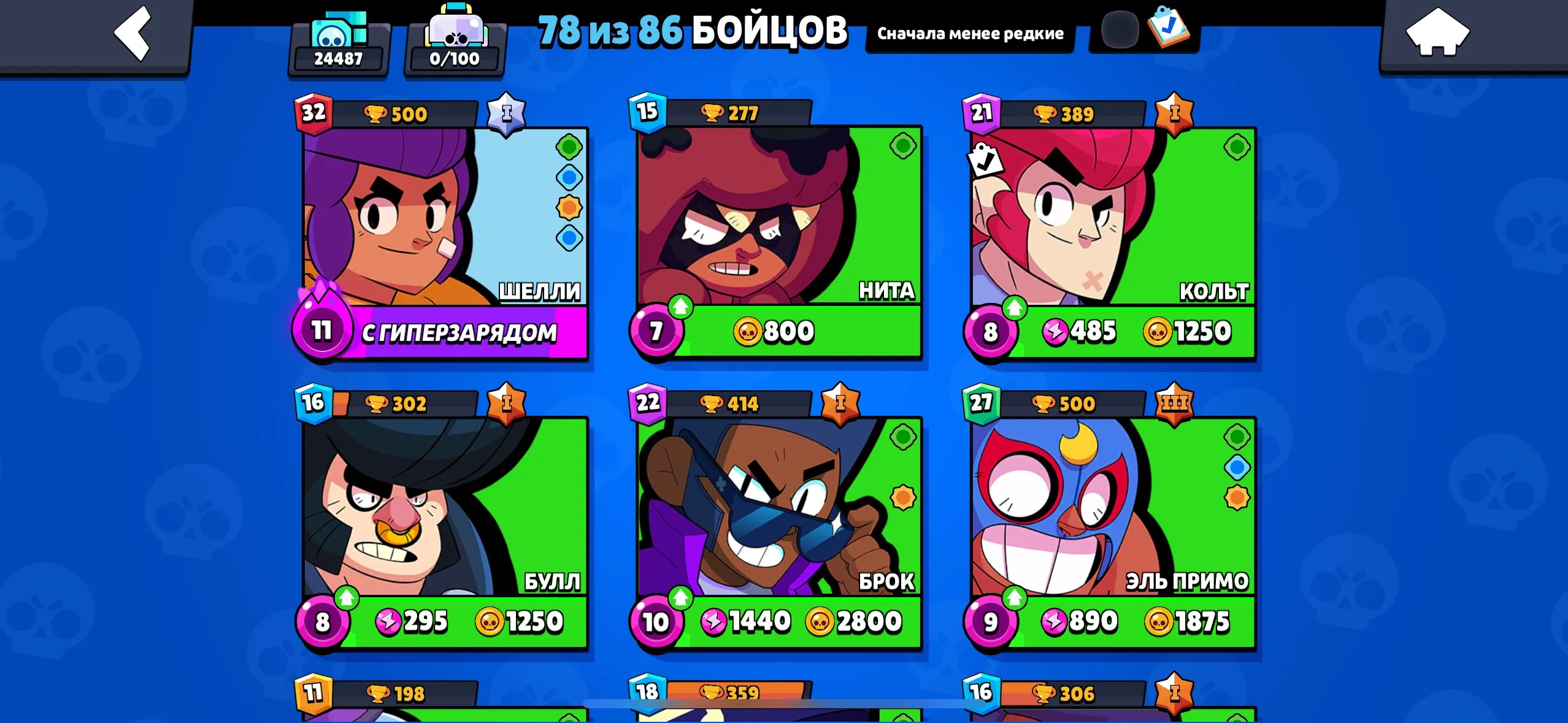 BS1806 24000 trophies 78 brawlers 80 skins including Squad Busters Shelly Butterfly Piper Buggy Larry Lorry Bazetta Biker Carl and various mythic skins 5 full power 11 hypercharged brawlers (G).
