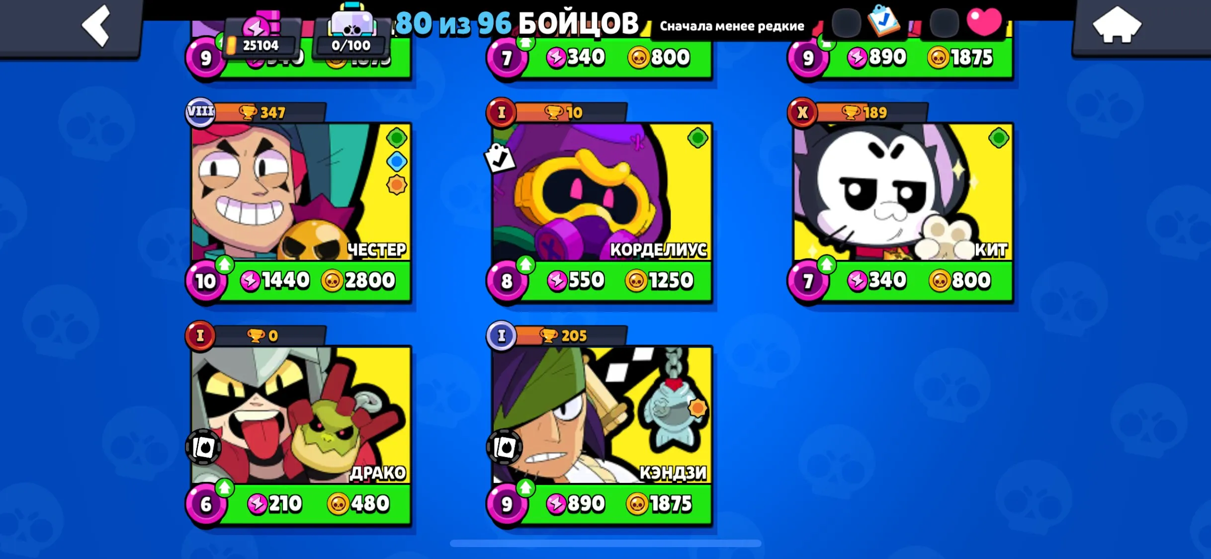 BS1807 25000 trophies 80 brawlers 10 legendaries 23 mythics 28 epics many skins including Manga Kenji and Fungus Cordelius around 3300 coins 27 gems 3000 bling (G).