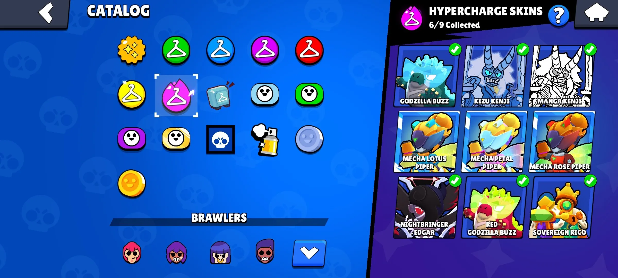 BS1933 3 BP, 50204 Trophies, 89/97 Brawlers, 203 Skins, 6 Hypercharge Skins, Mecha Crow, Light Mecha Mortis, Mecha Colt, Mecha Bo, Mecha Edgar, Hypnos Sandy, Godzilla Buzz, Red Godzilla