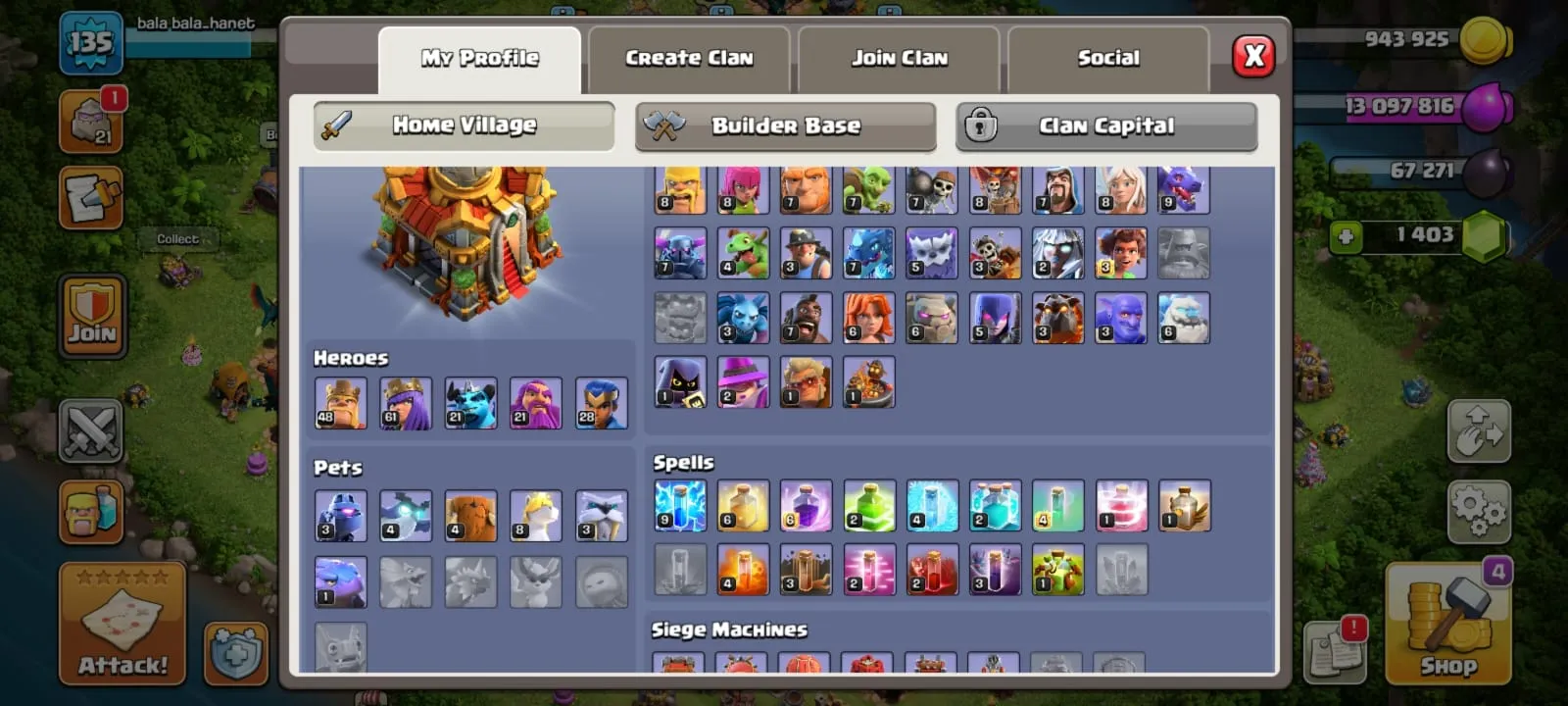 COC226 Maxed Heroes TH16 LV135 1403 Gems 