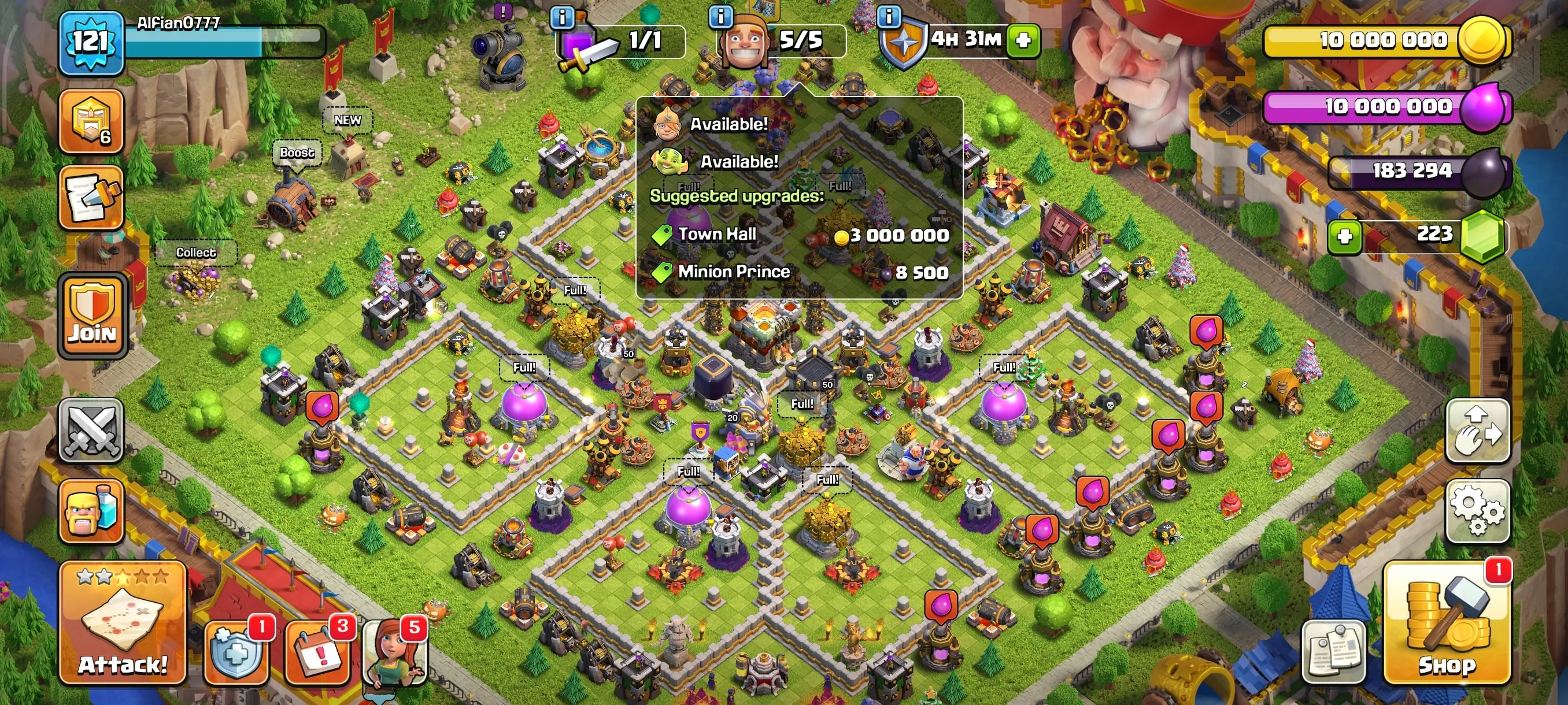 COC235 Maxed TH11 5 Builders – Golem King, Summer Warden, Miner Queen Gold Skins, Royale Scenery, Strong Heroes 