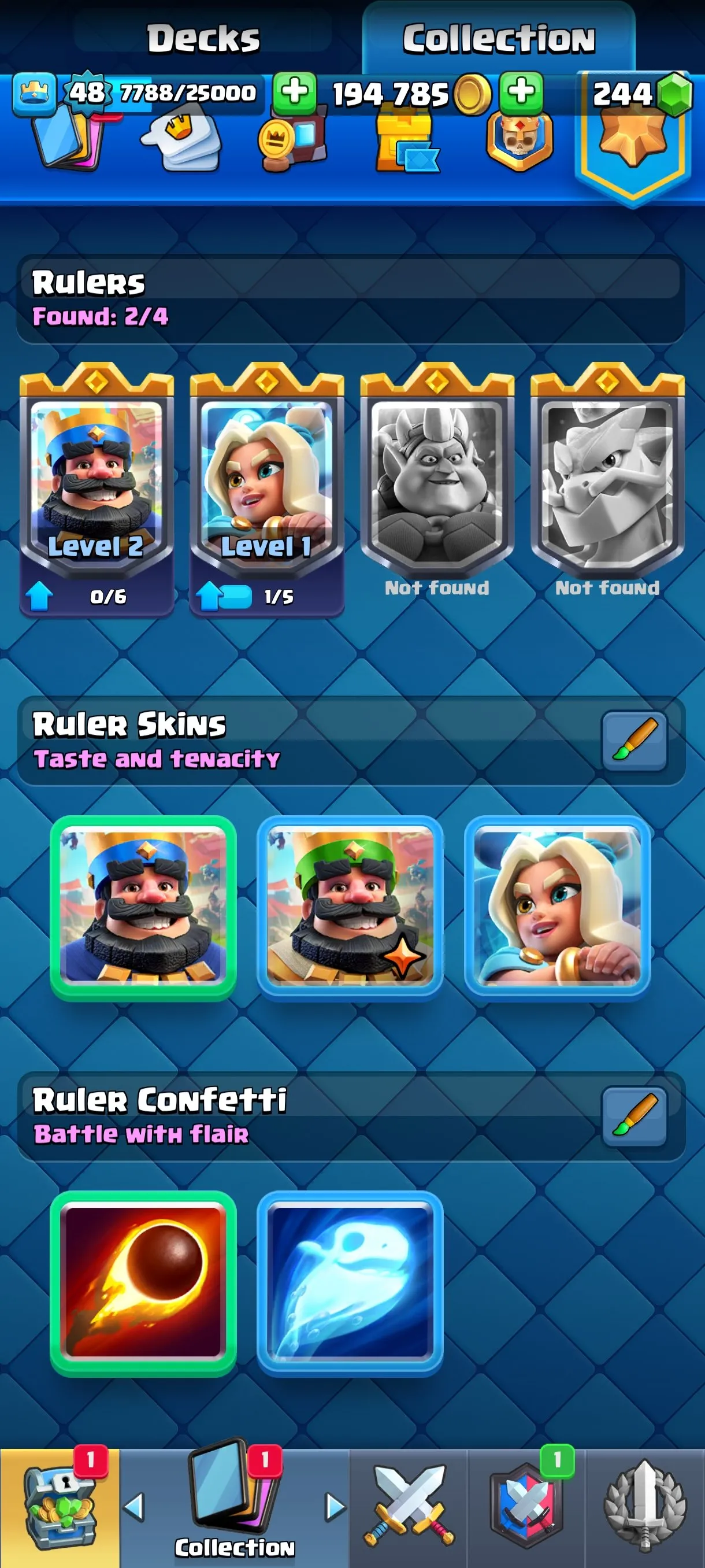 CR535 10,000 Trophies - Level 48 - 11 Evolutions - 55 Emotes - 7 Tower Skins - 121/121 Cards - 194,785 Gold - 244 Gems