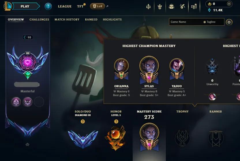 S16🔥LVL98 Diamond 3 75LP Handleveled🚀+28/-12LP Gains💎125Champs 13Skins 11K BE⭐Name Changeable✅Lifetime Ownership Guarantee