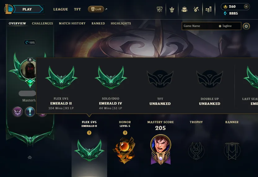 🔥LVL105 Flex Emerald 2💎(Solo Emerald 4 51LP) Handleveled💎108Champs 24Skins⭐Name Changeable✅Lifetime Ownership Guarantee - Never Taken Back