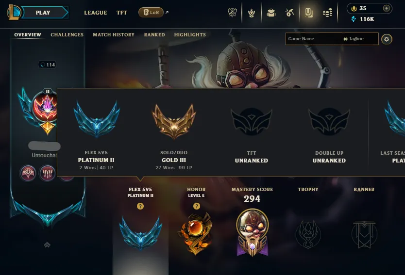 Flex Platinum 2🔥LVL114 SoloQ Gold 3 99LP Handleveled💎116K BE 97Champs 29Skins⭐Name Changeable✅Lifetime Ownership Guarantee✔️Recovery information included