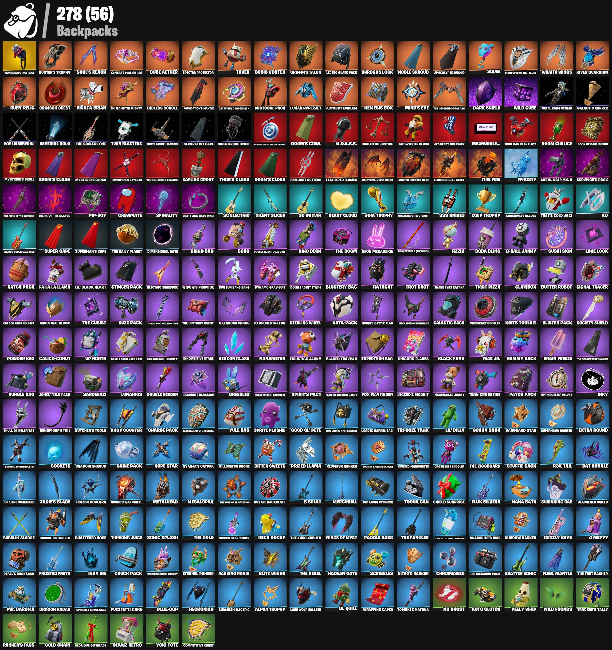 F980 213 Skins, Sultura, Fixer, Snake Eyes, Vivi Chroma, Spire Assassin, Optimus Prime, Predatory, The Origin, Shake Eyes, Peter
