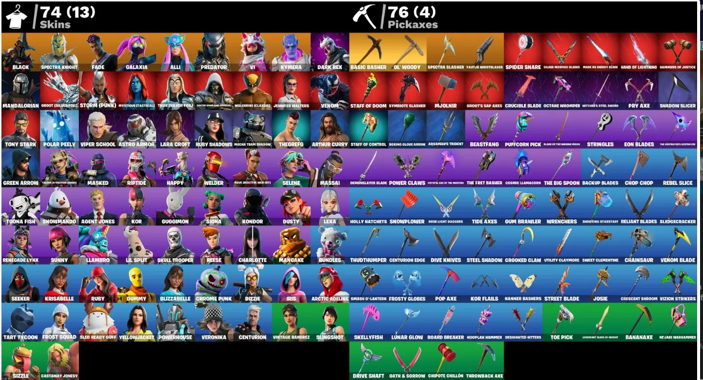 F1000 74 Skins: Lara Croft, Tony Stark, Galaxia, Mandalorian, Black Knight, Spectra Knight, Wolverine, Groot (Silver Foil), Thor (Silver Foil), Mystique (Tactical), Storm (Punk), Viper School & More