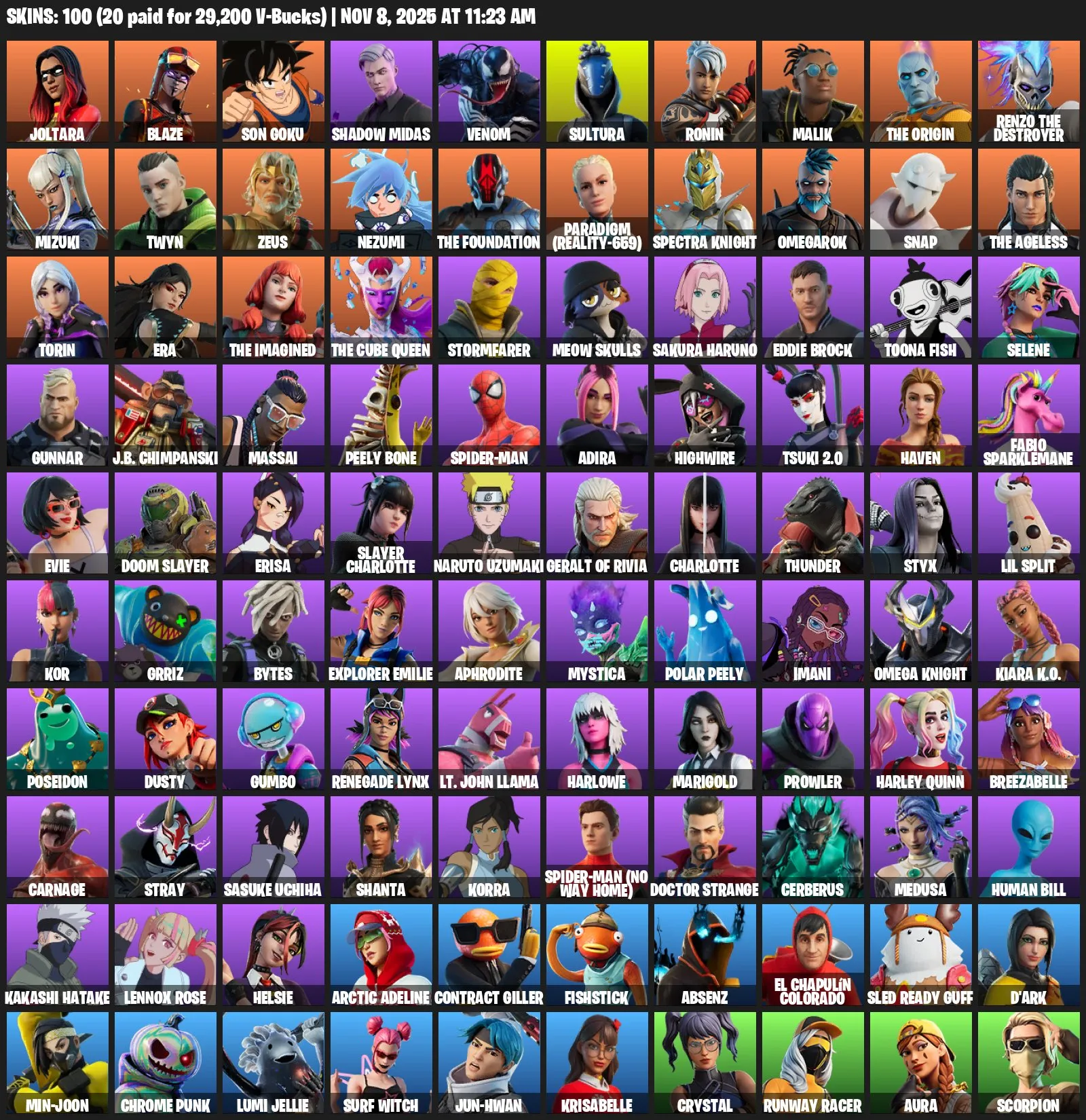 F1003 100 Skins: Joltara, Blaze, Goku, Shadow Midas, Venom
