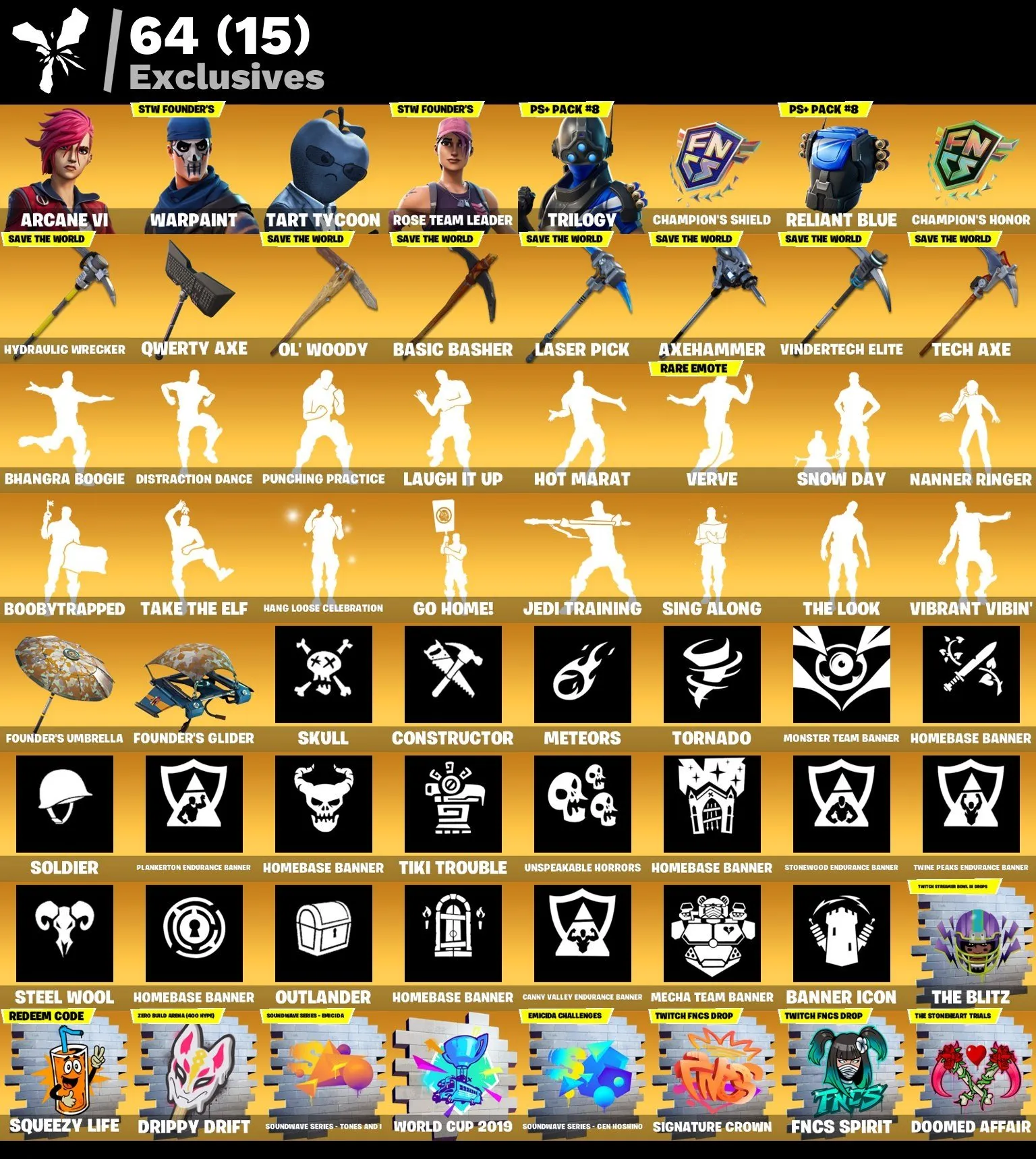 F1019 Arcane Vi, Tart Tycoon, Trilogy, Monarch, Warpaint, Rose Team Leader, OG Save The World, 257 Skins, 64 Exclusives, 292 Dances, 292 Backblings, 256 Pickaxes, 216 Gliders, 1550 V-Bucks 