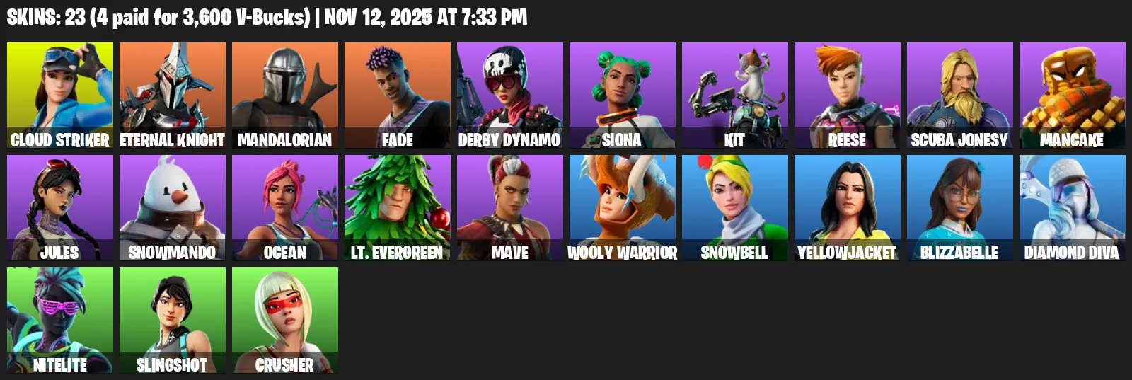 F1028 23 Skins - Leviathan Axe, Cloud Striker, Eternal Knight, Mandalorian, Derby Dynamo, Siona, Kit, Reese, Scuba Jonesy, Mancake, Jules 