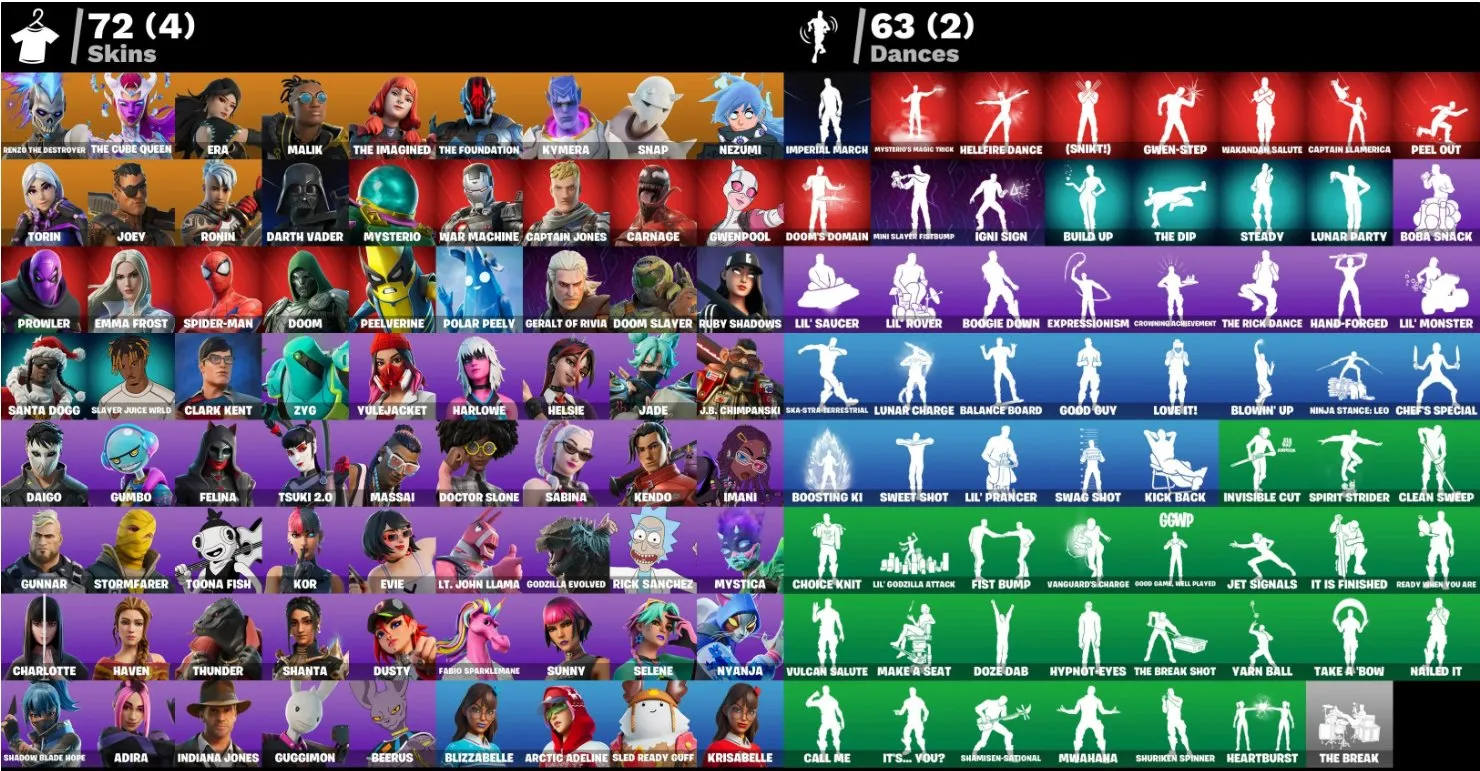 F1033 72 Skins Account: Renzo The Destroyer, The Cube Queen, Era, Malik, The Imagined, Clark Kent (Superman), Energized Godzilla