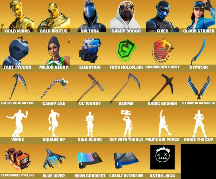 F1034 Gold Midas, Gold Brutus, Sultura, Shady Doggo, Cloud Striker, Tart Tycoon, Major Glory, Ronin, The Foundation, Nezumi, Fade, Hunter, 113SKINS