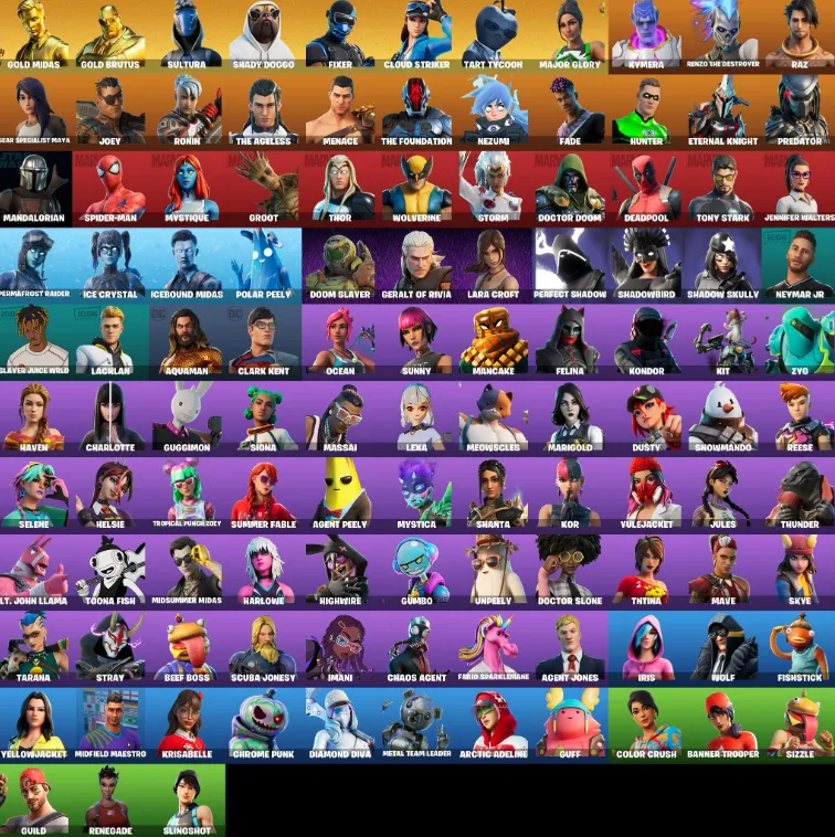 F1034 Gold Midas, Gold Brutus, Sultura, Shady Doggo, Cloud Striker, Tart Tycoon, Major Glory, Ronin, The Foundation, Nezumi, Fade, Hunter, 113SKINS