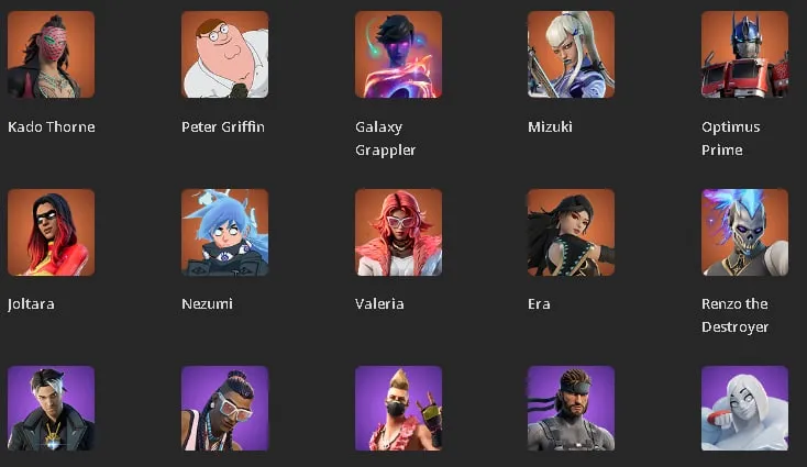 F1043 78 Skins, 70 Picks, Galaxy Grappler, Gojo, Utah, Midsummer Midas, Harley Quinn, Optimus Prime, Geralt, Doom Slayer 