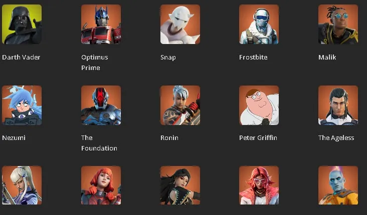 F1044 Darth Vader, Optimus Prime, Spider-Man, Solid Snake, Geralt, Eren Jaeger, Peter Griffin, Fish Thicc, Midsummer Midas 