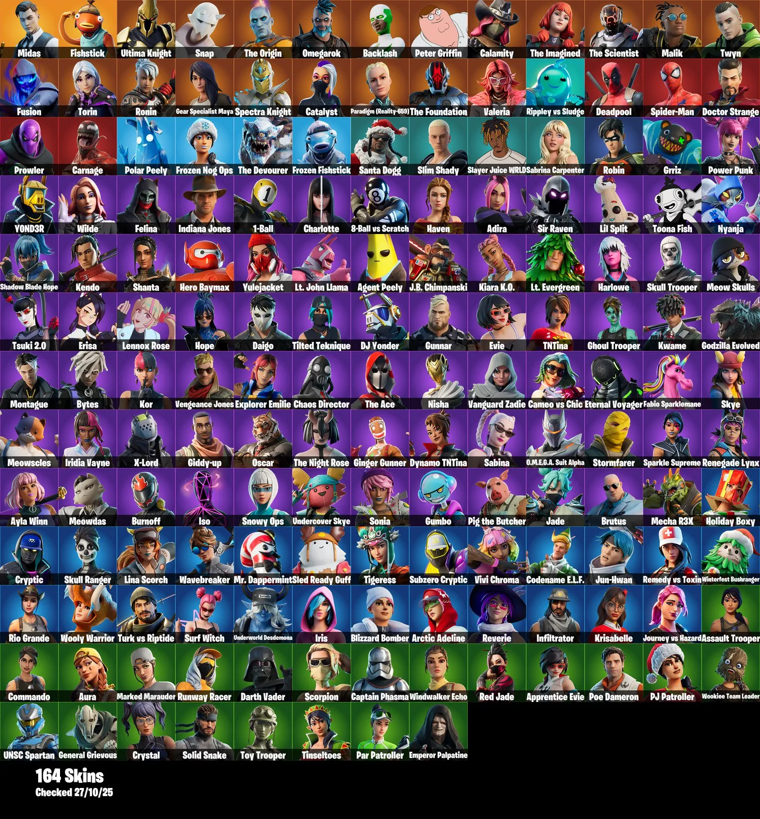 F1050 164 Skins Account Featuring Midas, Fishstick, Snap, Sabira Carpenter, Darth Vader, and More 