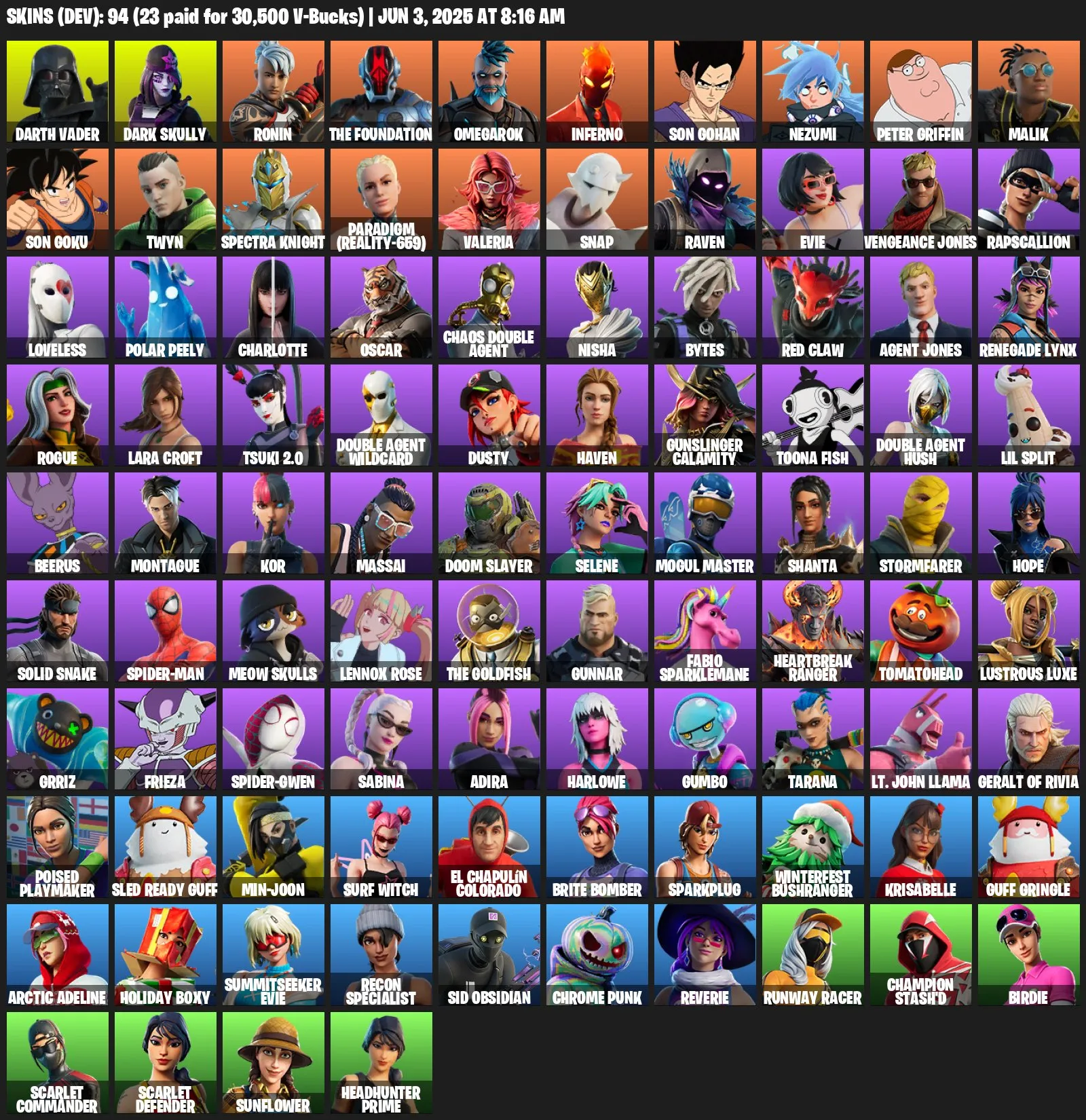 F1058 Skull Trooper, Ruby Shadows, Drift, 94 Skins, Take The L, Requested 45K+ (G)