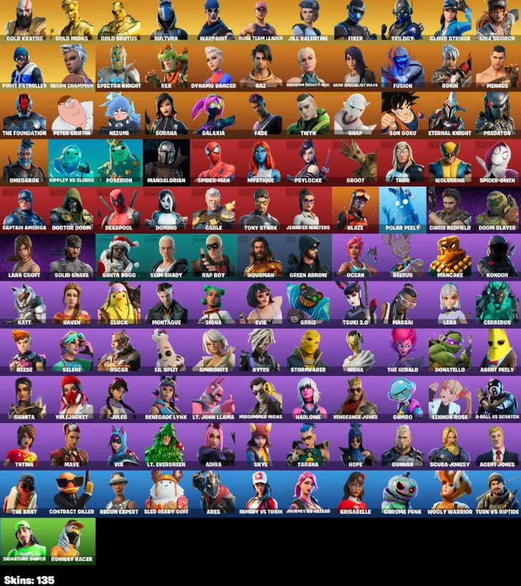 F1060 OG STW, Gold Meowscles, Gold Kratos, Gold Midas, 135 Skins, Email/Number/Password Changeable (G)