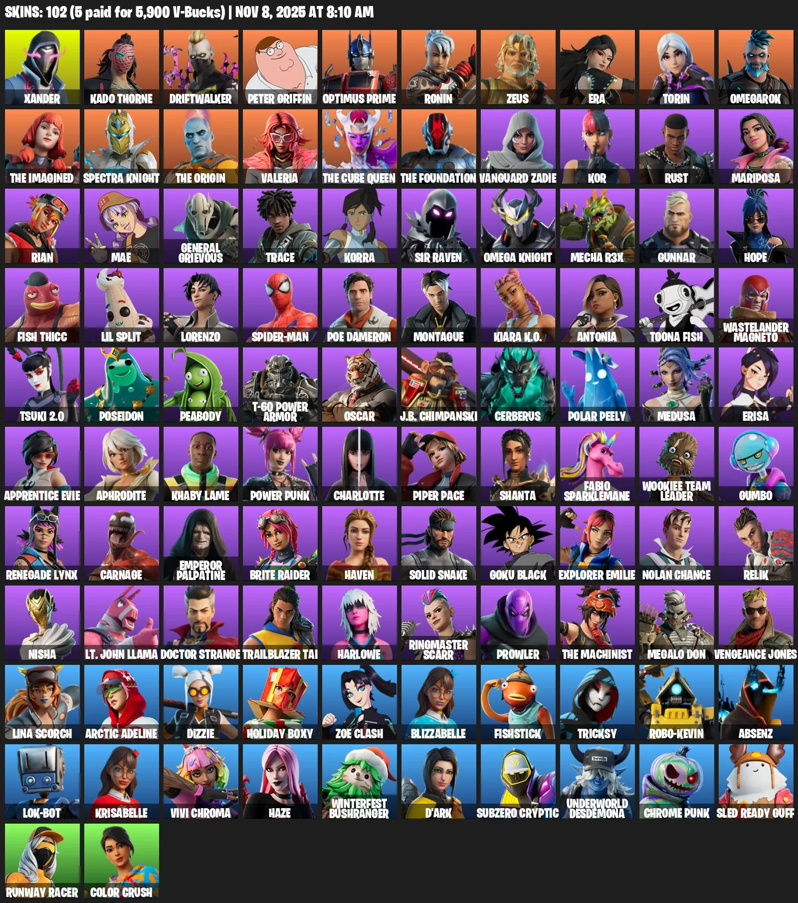F1066 102 Skins—Lina Scorch, Subzero Cryptic, Spectra Knight, Reaper, Leisure (G)