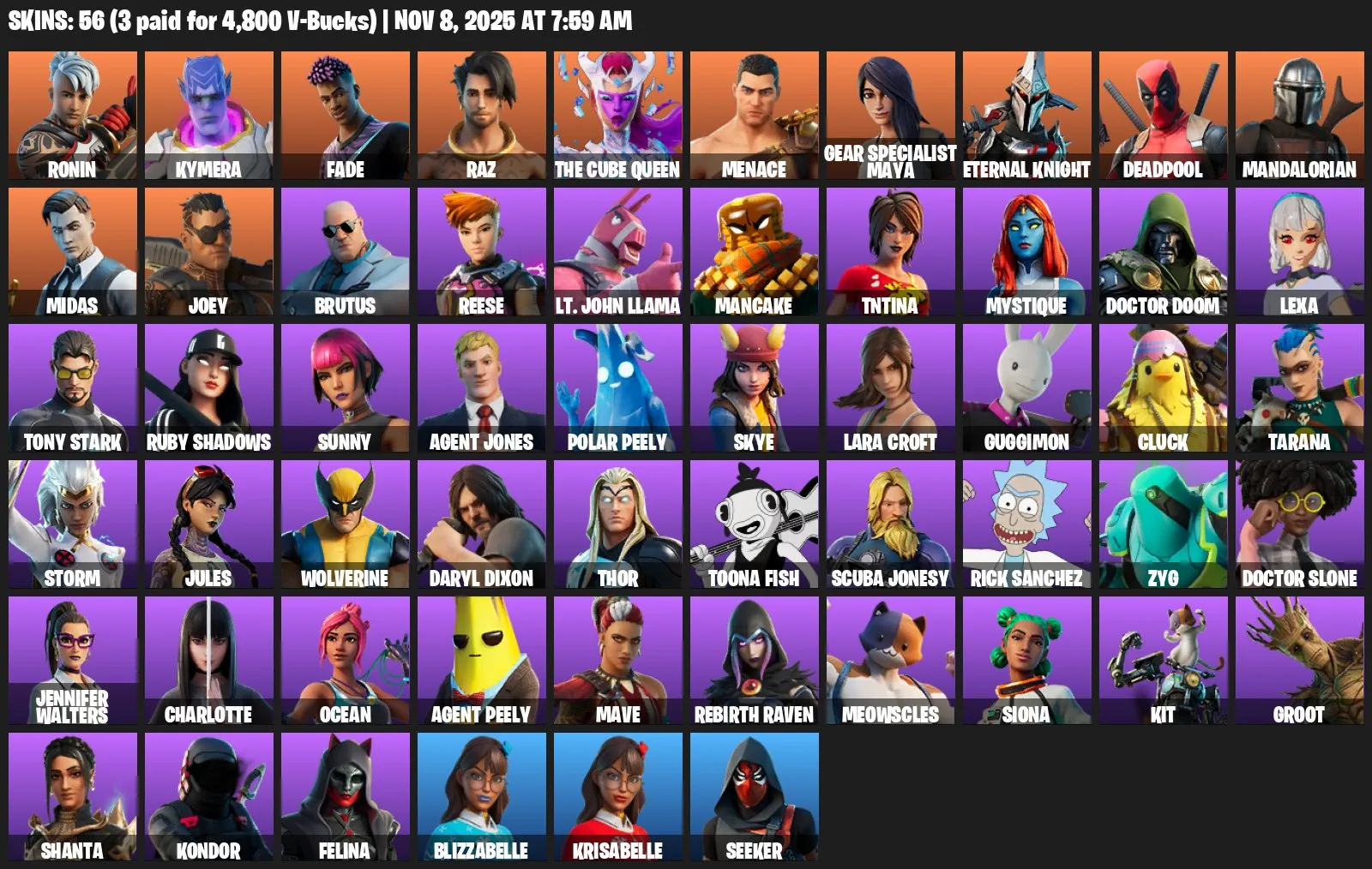 F1067 56 Skins—Gold Midas, Eternal Knight, Fade, Ronin, Leisure (G)