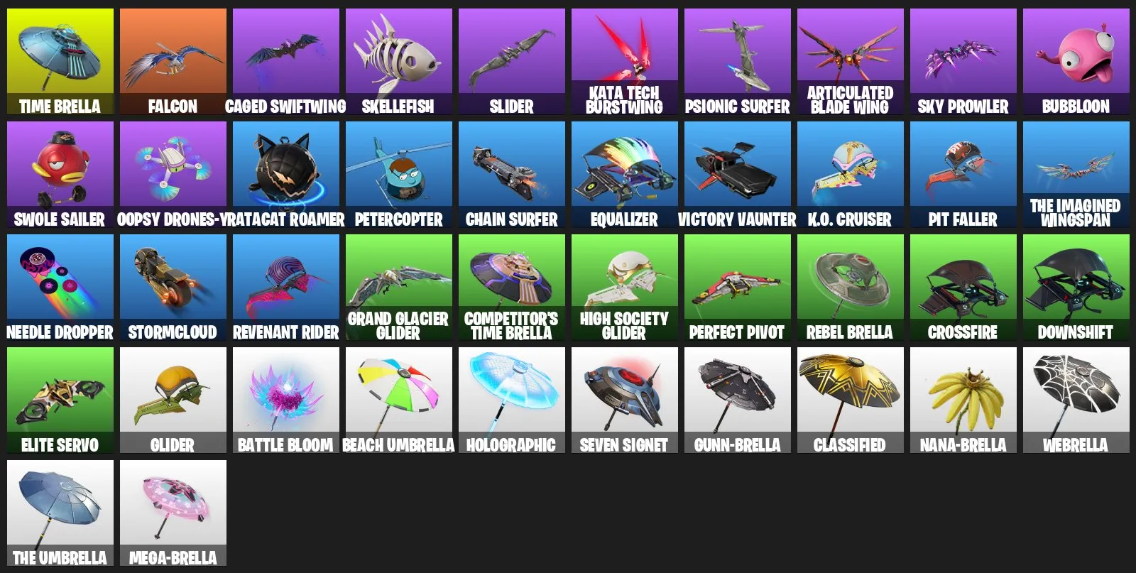 F1070 40 Skins, 8 Paid—Paid Items for 20,900 V-Bucks, 46 Picks, 37 Dances, 42 Hang Gliders (G)