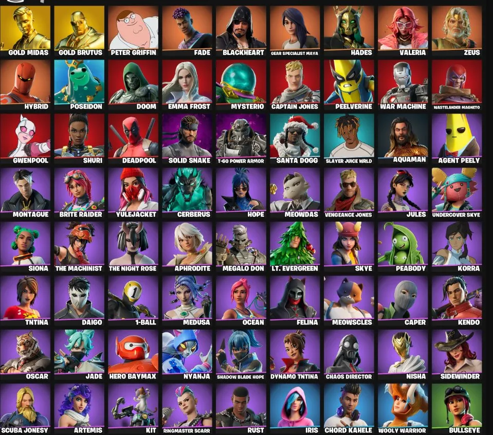 F1079 72 Skins—Deadpool, Iris, Hybrid, Gold Midas, Gold Brutus, Peter Griffin (G)