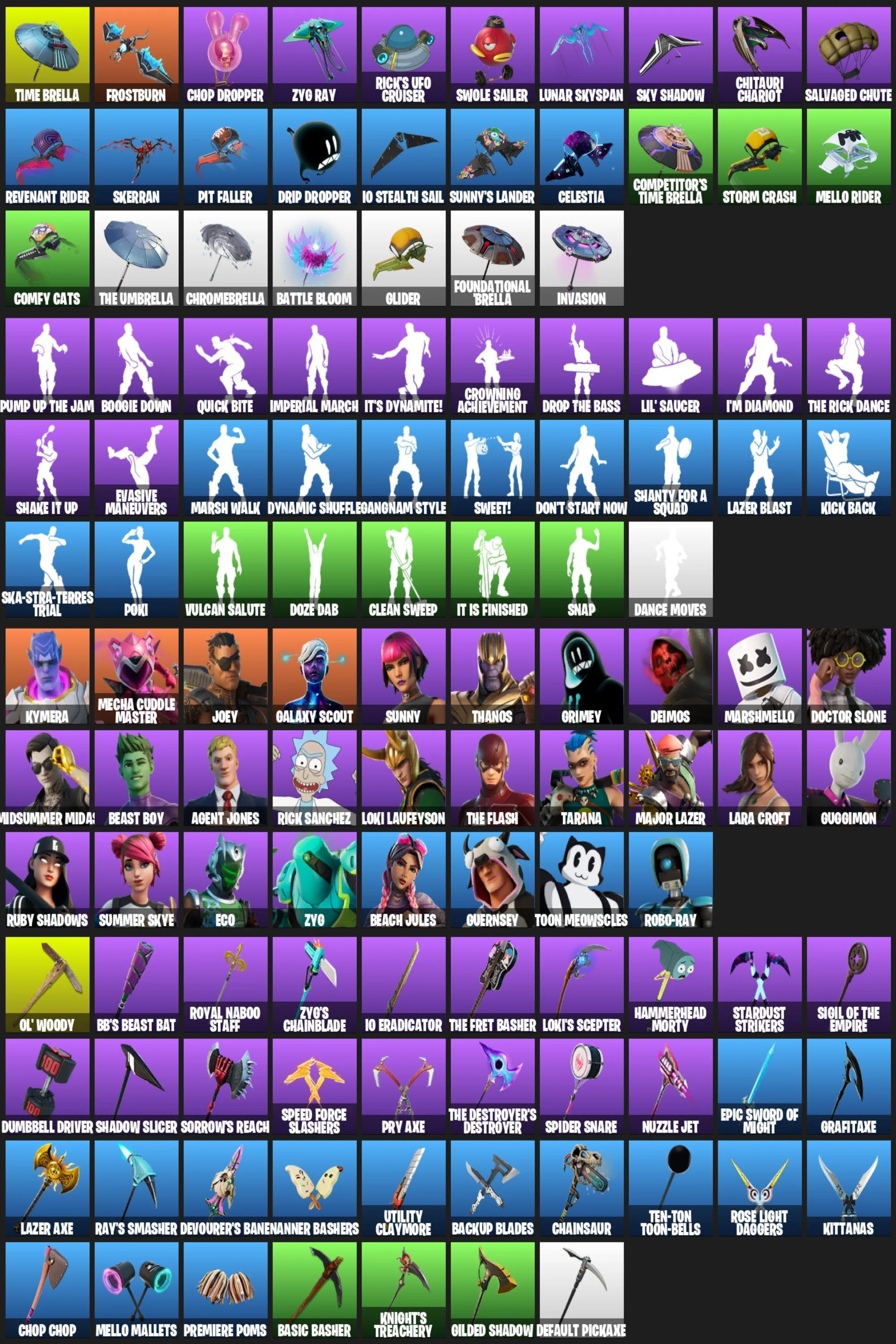 F1083 28 Skins—Thanos, Galaxy Scout, Grimey, Marshmello, Major Lazer, The Flash, Mail Change (G)