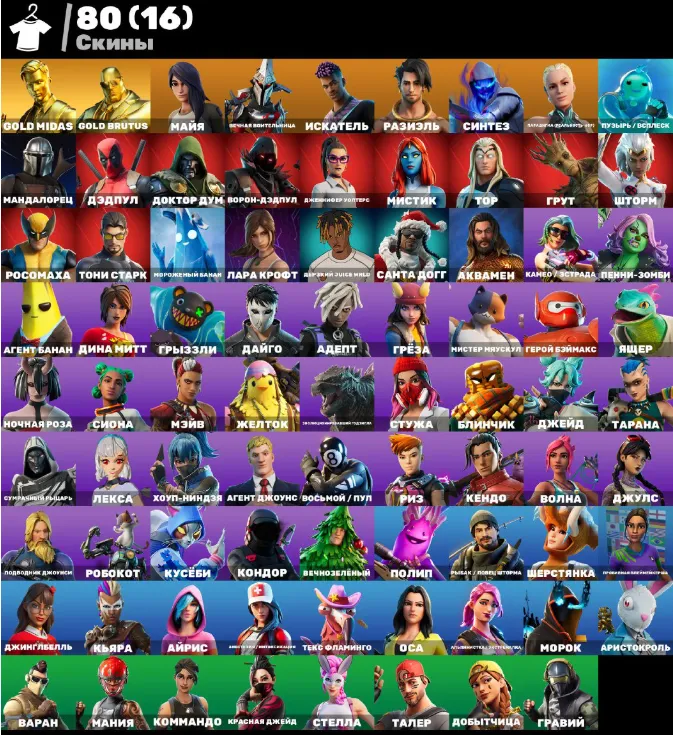F1096 Tony Stark, Wolverine, Deadpool, Mandalorian, Lara Croft, Godzilla Evolved, 80 Unique Skins, 100 Dances, 116 Pickaxes (G)