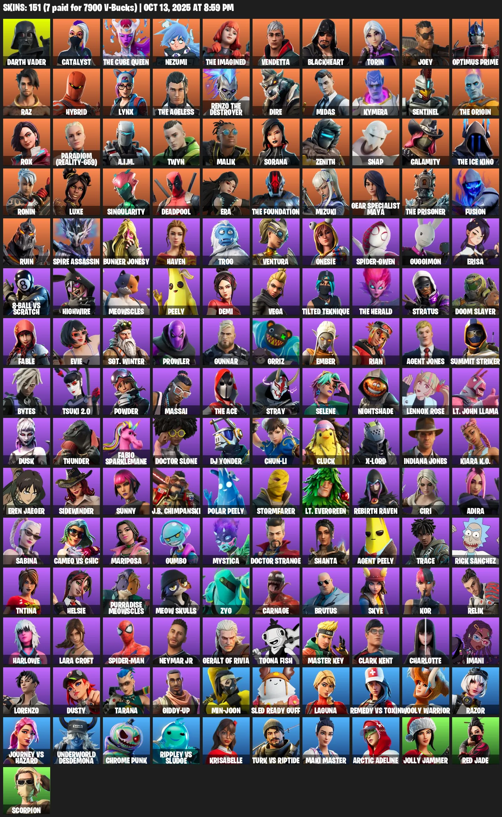 F1098 151 Skins, 146 Pickaxes, 143 Emotes, 142 Gliders, 19,900 V-Bucks Spent, All Platforms, Since 2018, 2204 Level (G)
