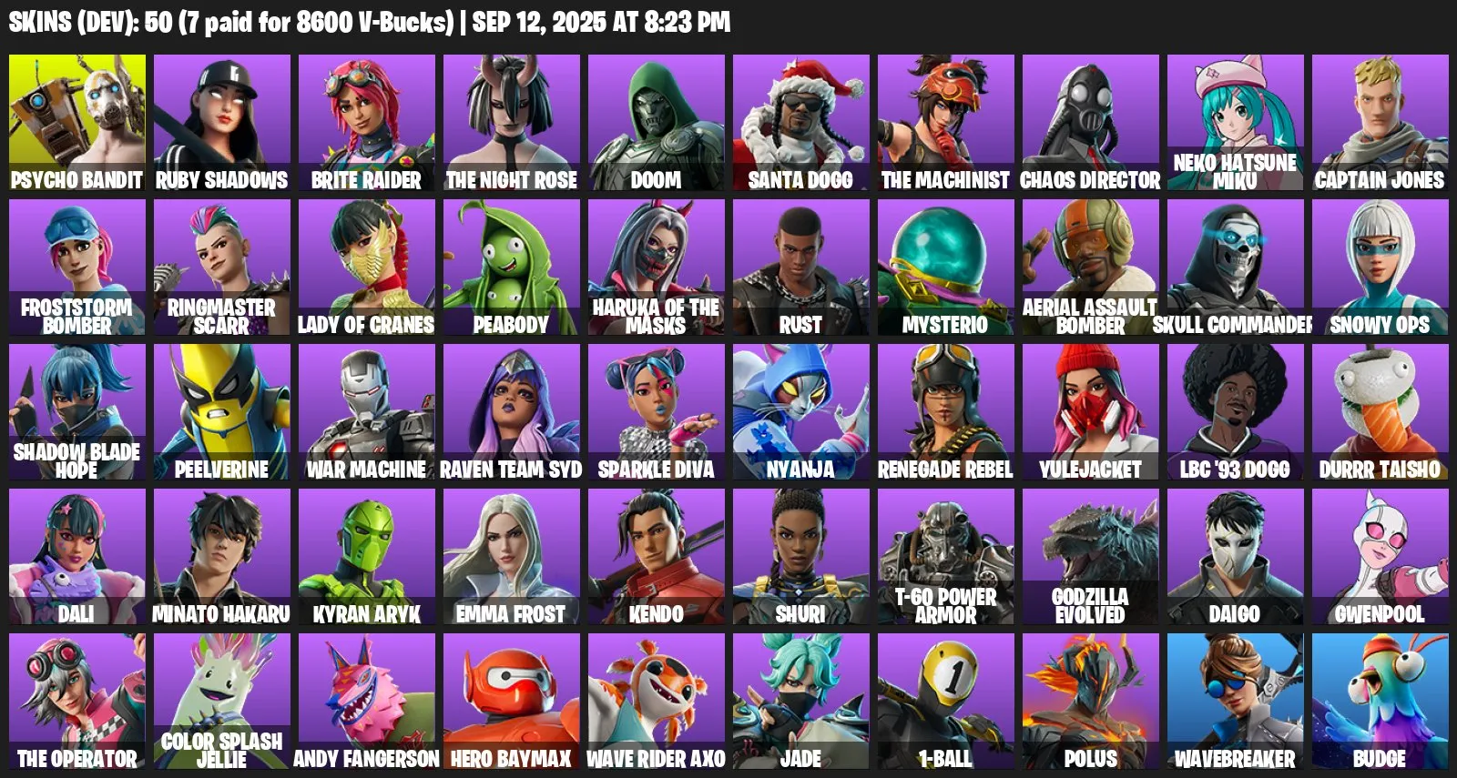 F1109 Psycho Bandit, Ruby Shadows, Brite Raider, Doom, Santa Dogg, Chaos Director, Neko Hatsune Miku, 50 Skins, Rare Dev Cosmetics (G)