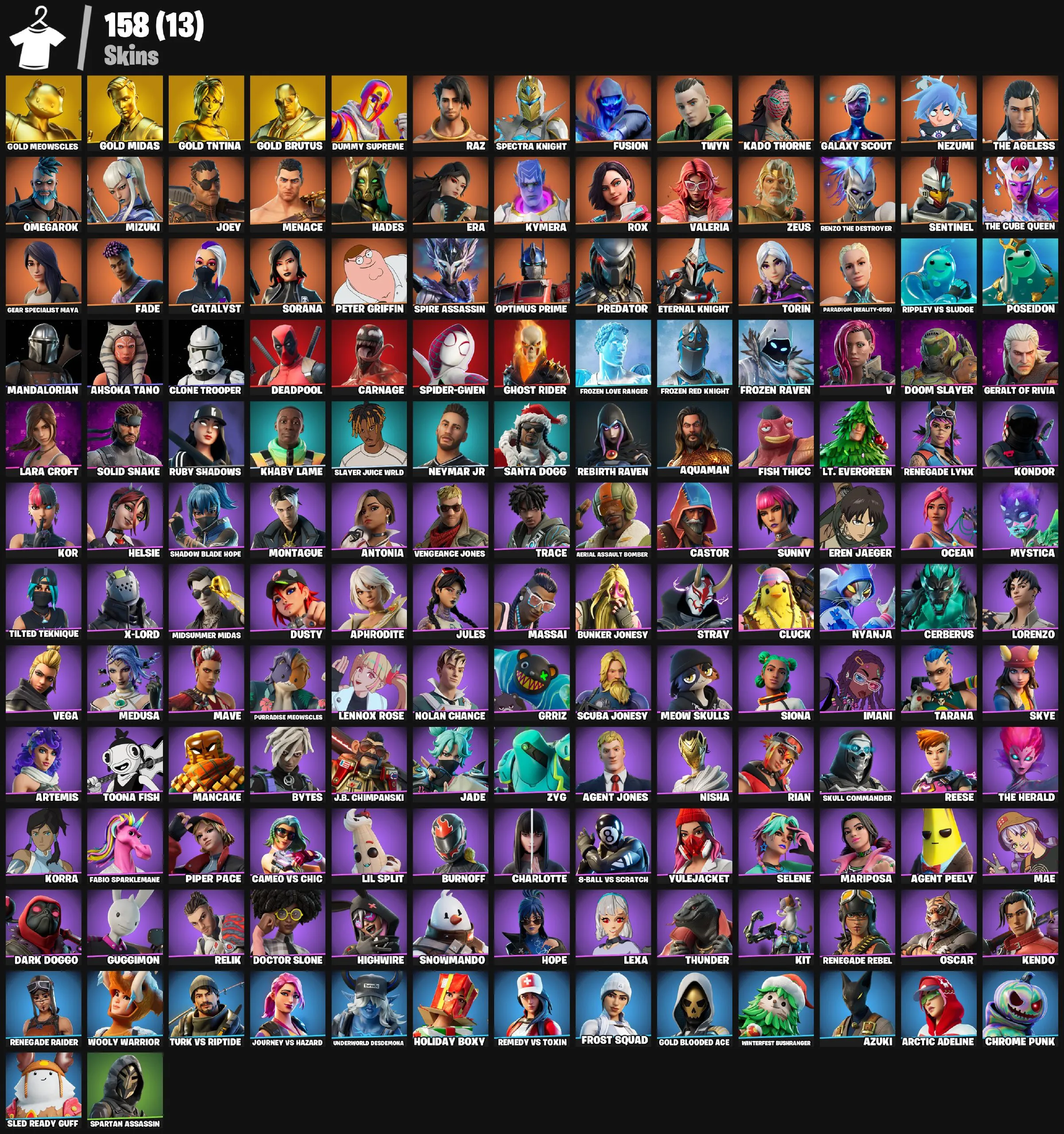 F1111 Renegade Raider, Gold Meowscles, Gold Midas, Gold TNTina, Gold Brutus, Dummy Supreme, Fusion, 158 Skins, 195 Backpacks, 169 Pickaxes (G)