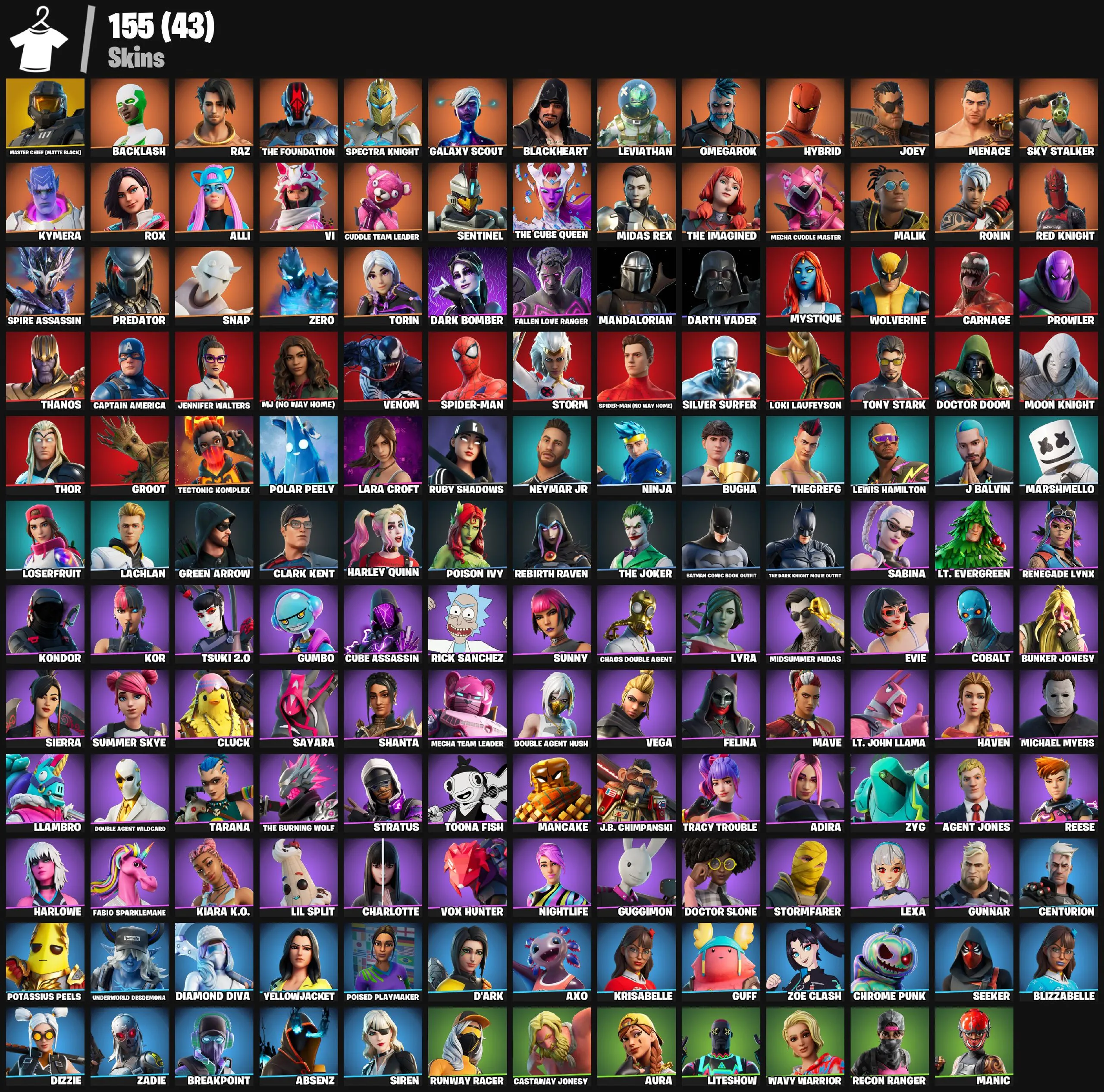 F1120 155 Exclusive Skins Including Galaxy Scout, Spider-Man, Darth Vader, and Legendary Heroes (G)