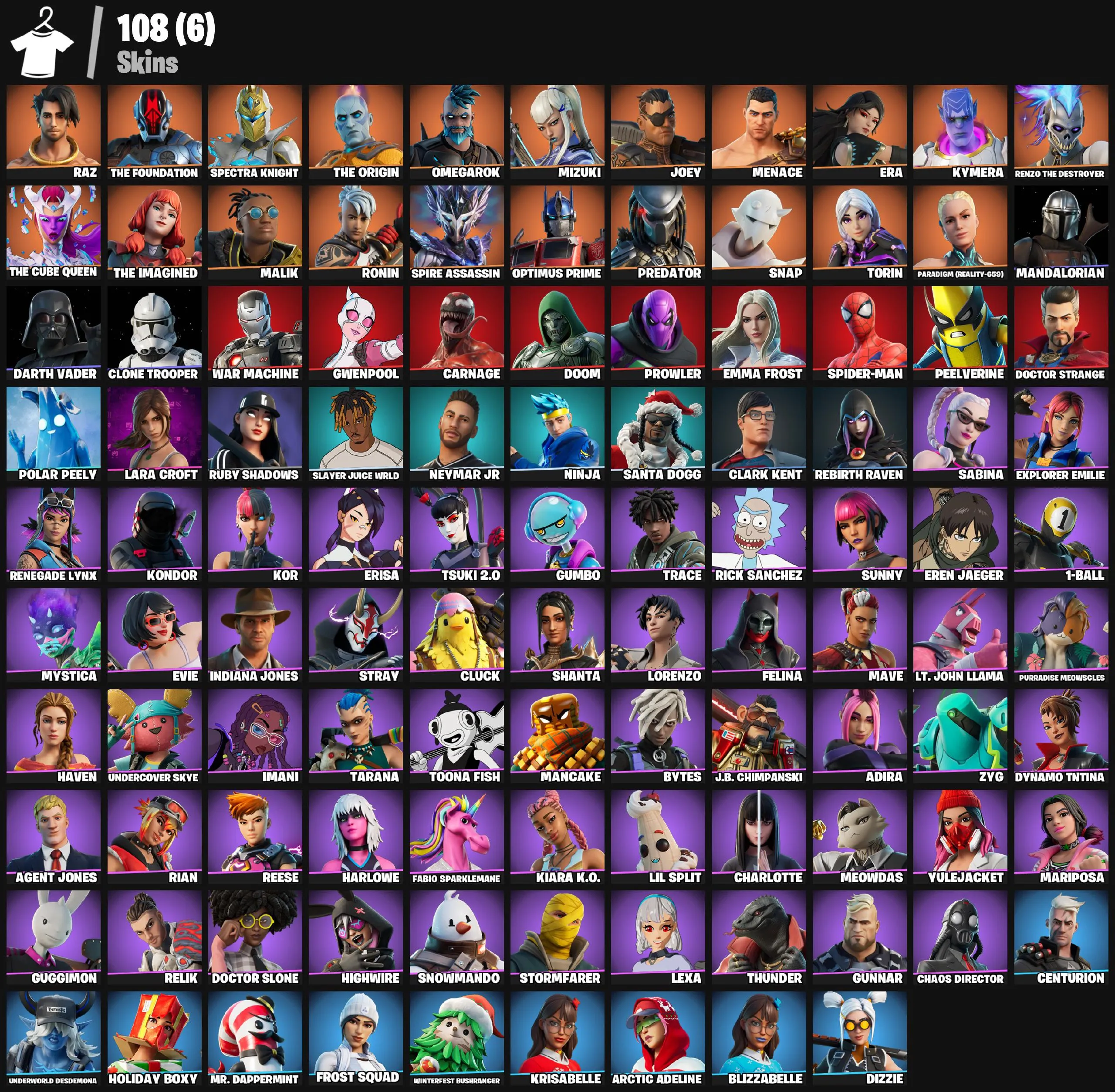 F1134 108 Skins – Raz, The Foundation, Spectra Knight, The Origin, Omega, Mandalorian, Carnage, Darth Vader, Lara Croft + 127 Pickaxes