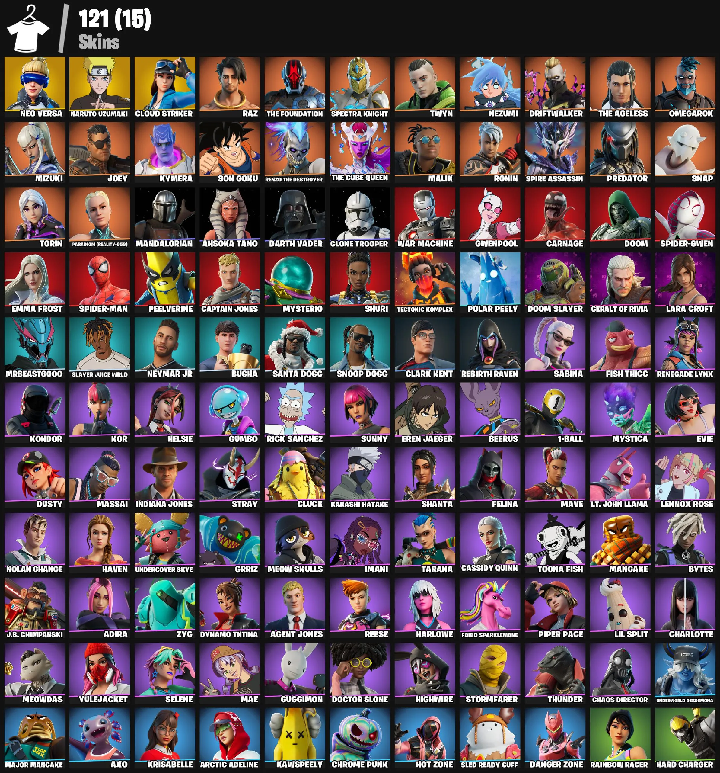 F1135 121 Skins | Neo Versa, Naruto Uzumaki, Cloud Striker, Raz, The Foundation, Spectra Knight, Twyn, Mizuki, Joey, Kymera, Son Goku, The Cube Queen 