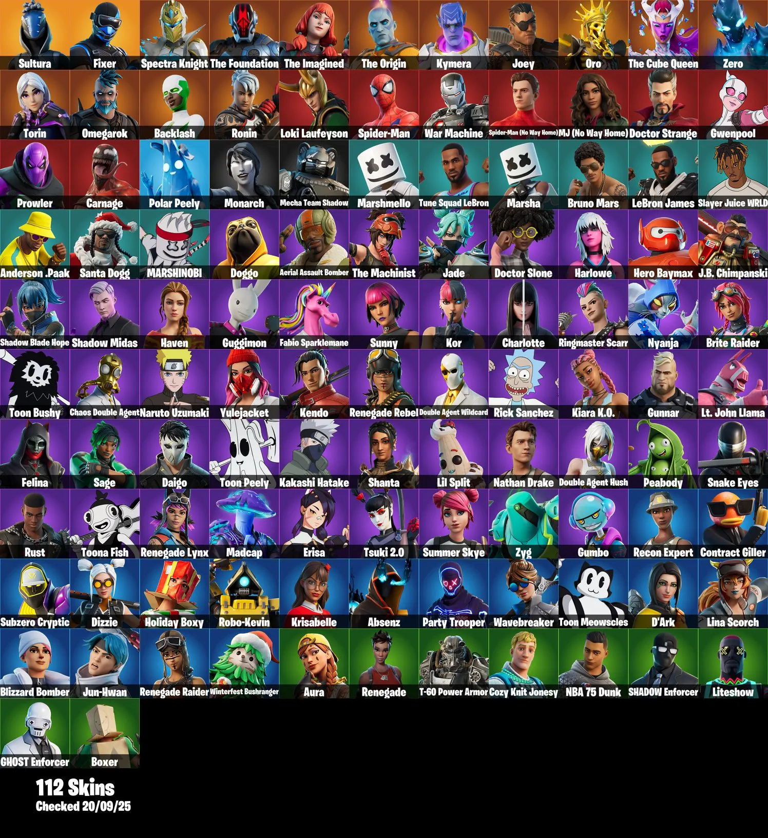 F1140 112 Skins – Sultura, Fixer, Reckoning, Snowtooth, Cymitar, Spider-Man, War Machine, Gwenpool, Carnage 