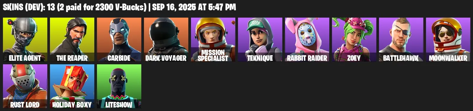 F1156 Full Access OG Take the L, Elite Agent, The Reaper, Carbide, Dark Voyager, Rust Lord, Holiday Boxy, Liteshow, Mission Specialist, Teknique 