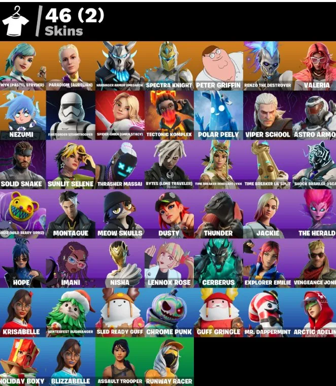 F1157 46 Skins: Peter Griffin, Solid Snake, Harbinger Armor Omegarok, Paradigm (Aurelian), Polar Peely