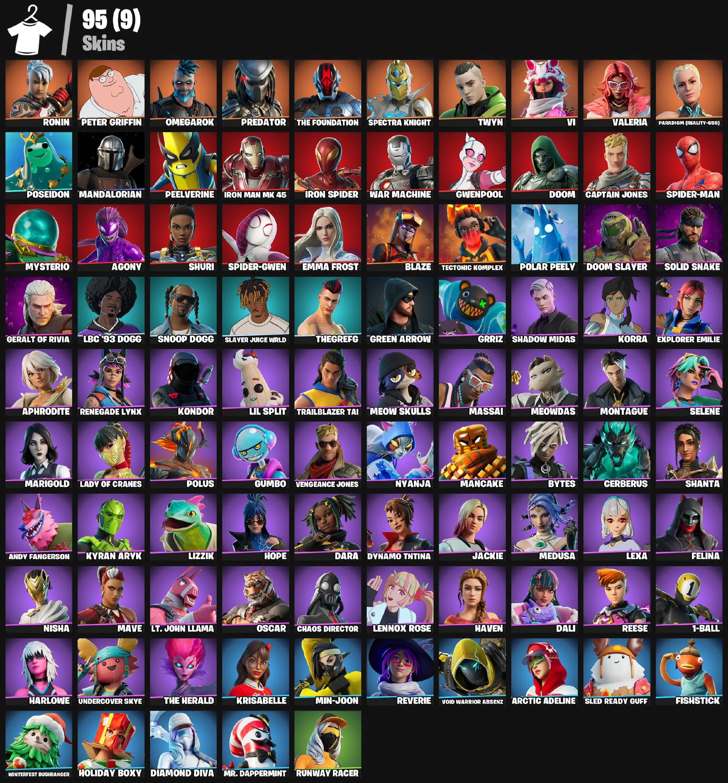 F1170 95 Skins | Peter Griffin, Omegarok, Predator, The Foundation, Spectra Knight, Twyn, Gwenpool, Mysterio, Spider-Gwen