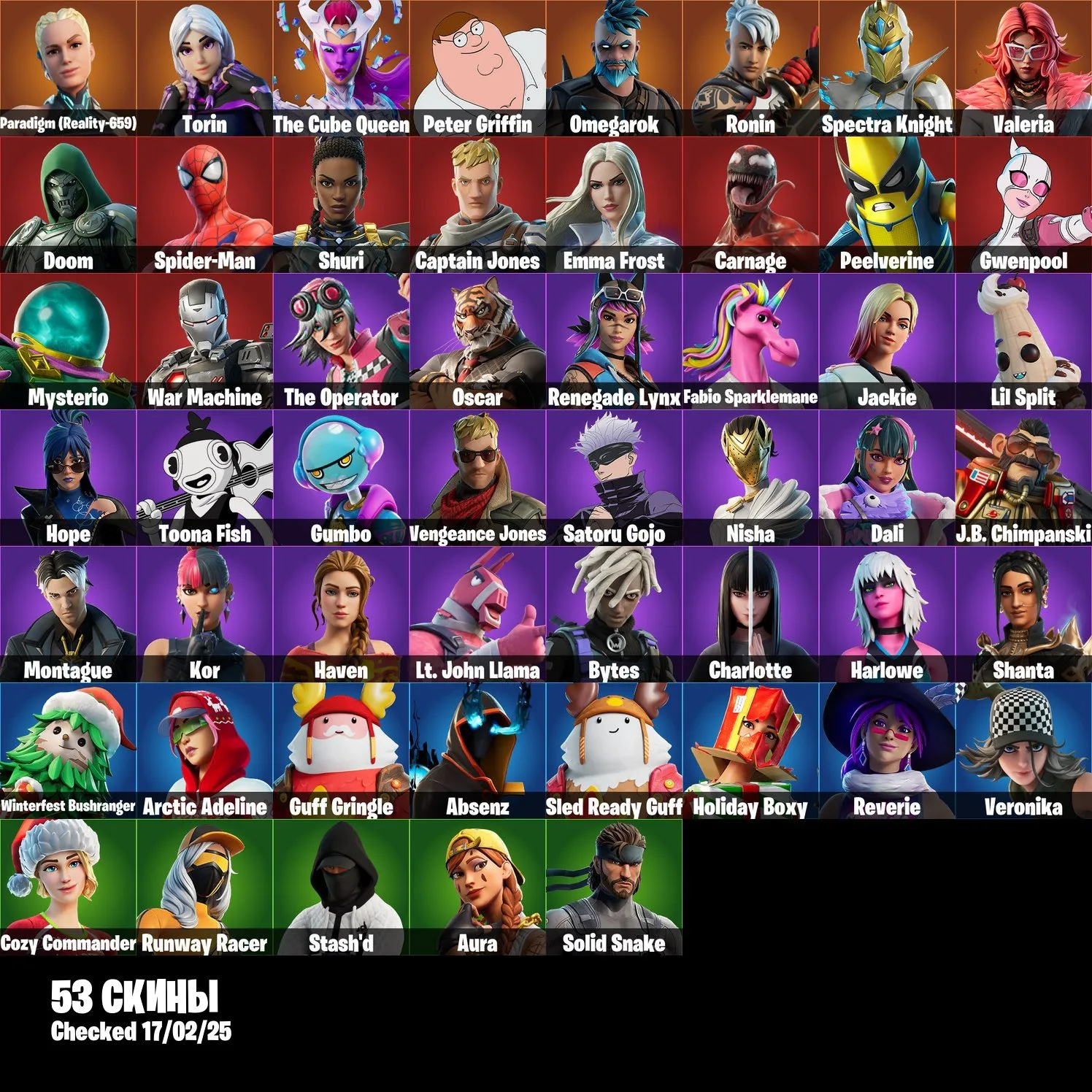 F1172 53 Skins | Mail Change | Time Brella | Paradigm (Reality-659), Torin, Doom, The Operator, The Cube Queen, Spider-Man 