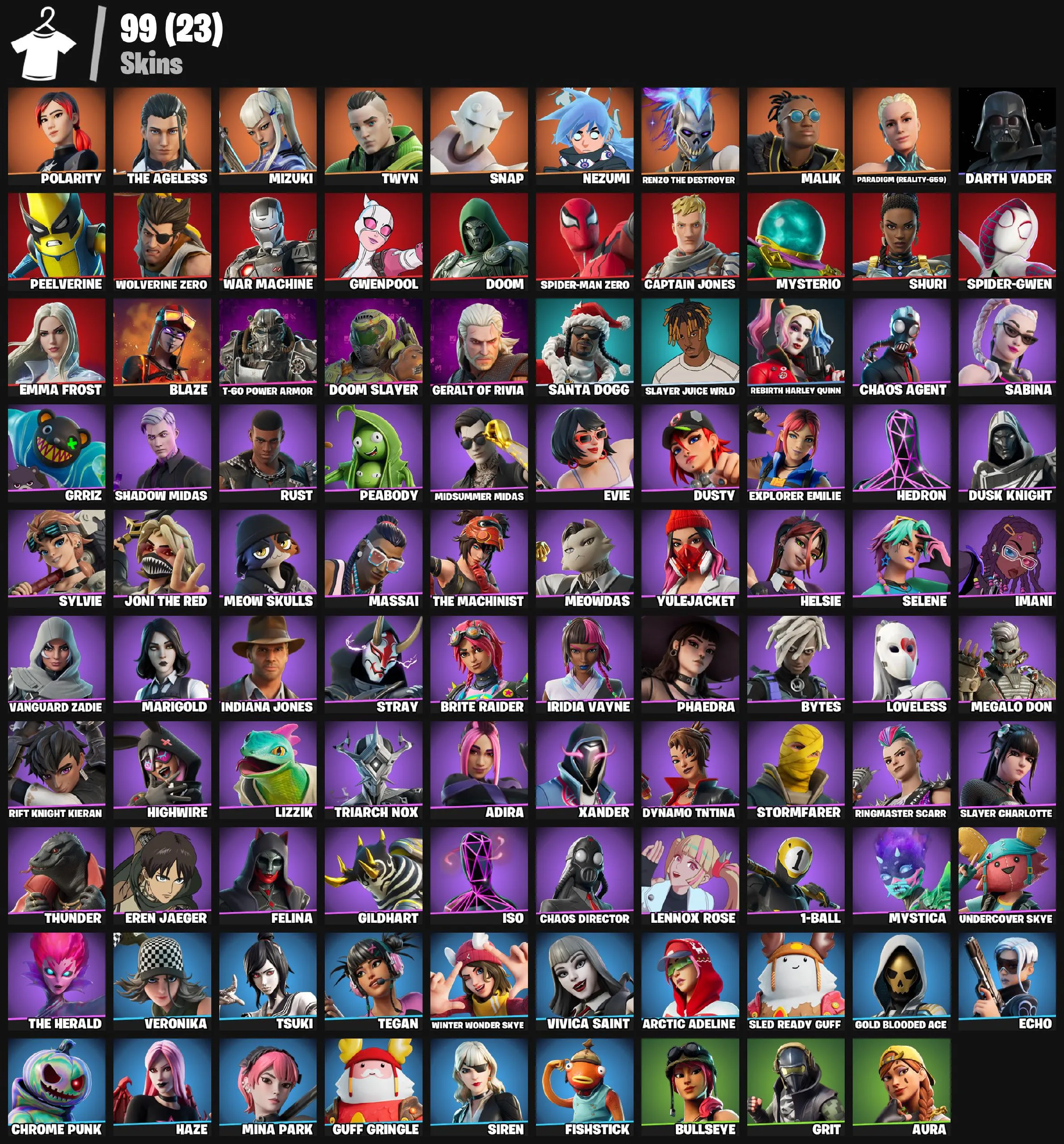 F1180 Rare Cosmetic Account | Polarity, The Ageless, Mizuki, Twyn, Snap, Nezumi, Renzo, Wolverine Zero, Doom Slayer, Spider-Gwen 