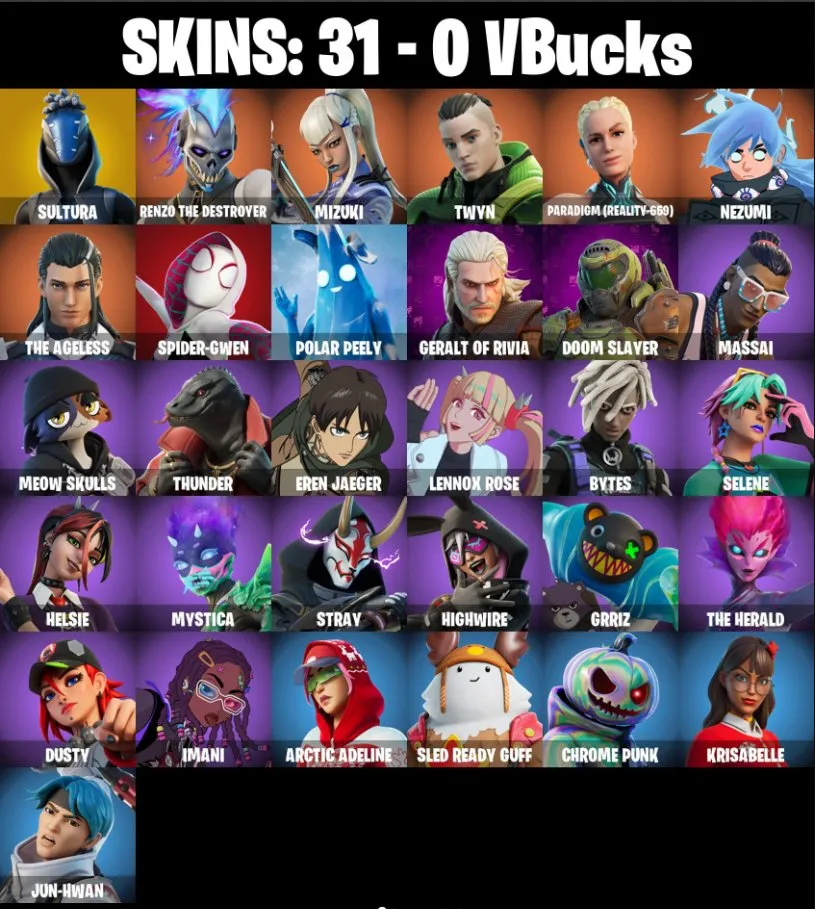 F1182 SULTURA, CYMITAR, SNOWTOOTH, Follow The Butterfly, Snow Sailer, 31 Skins, 39 Gliders, 41 Backblings, 41 Pickaxes, 12 Max Styles, Exclusive Items 