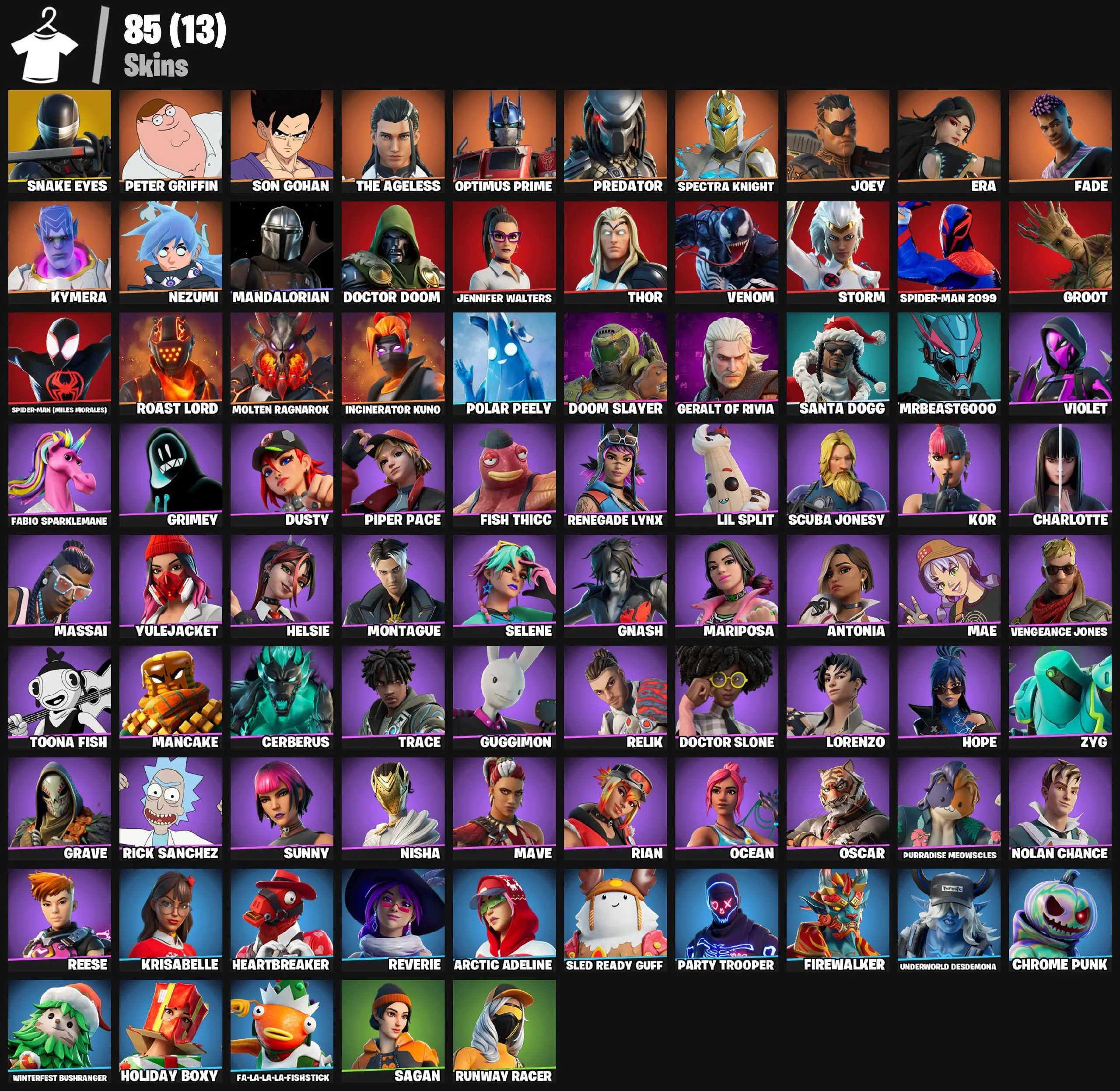 F1186 85 Skins: Snake Eyes, Peter Griffin, Son Gohan, The Ageless, Optimus Prime, Predator, Spectra Knight, exclusive backblings, 126 backpacks, 84 gliders, 97 pickaxes, 76 emotes 