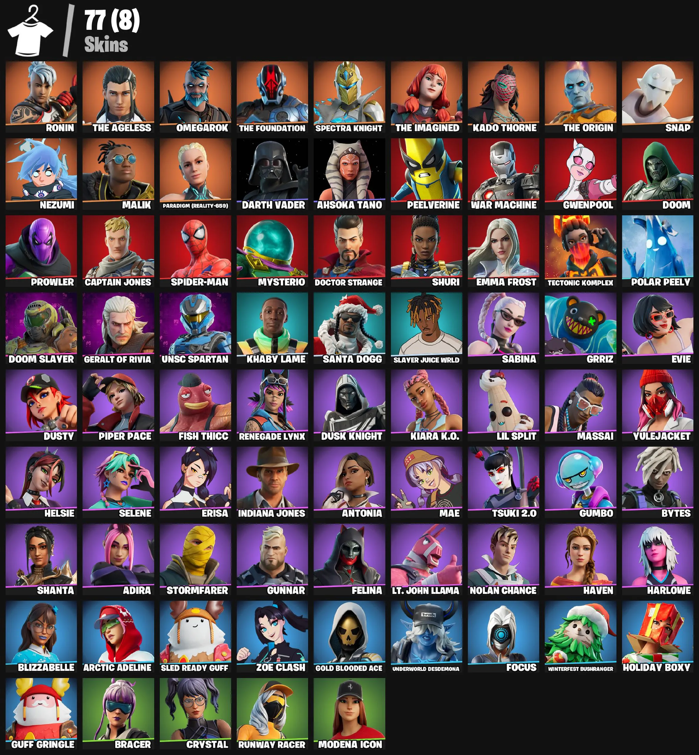 F1188 77 Skins| Ronin, The Ageless, Omegarok, The Foundation, Spectra Knight, Peelverine, Spider-man, Darth Vader, Doom Slayer, Gwenpool, War Machine, Doctor Strange, Mysterio & More 