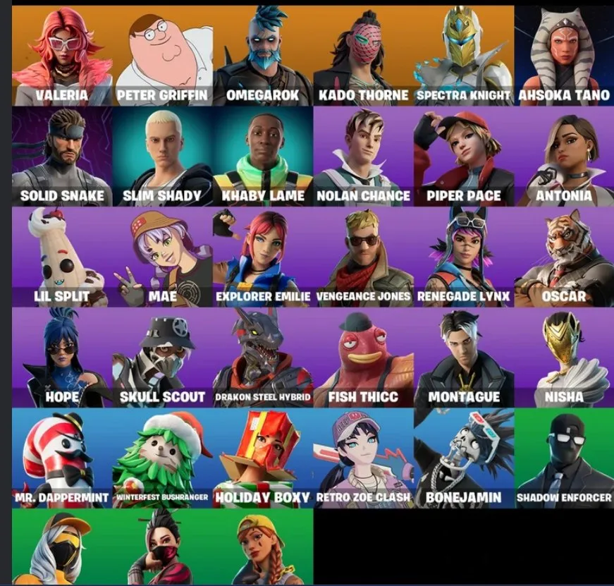 F1194 33 Skins: Valeria, Peter Griffin, Omegarok, Kado Thorne, Spectra Knight, Ahsoka Tano, Slim Shady, Solid Snake, Khaby Lame, and More 