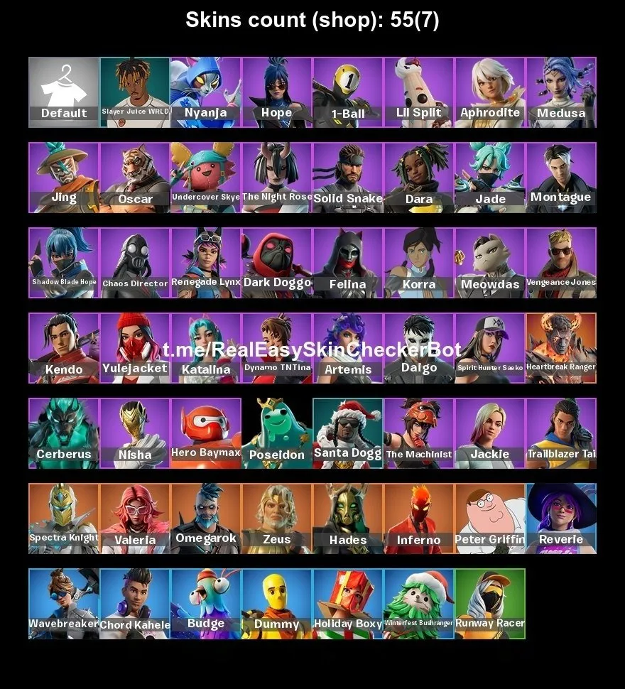 F1210 55 Skins | Includes Inferno (Season 8), Solid Snake, Peter Griffin, Medusa, Korra, Wavebreaker, Hope, Aphrodite, Yulejacket & More