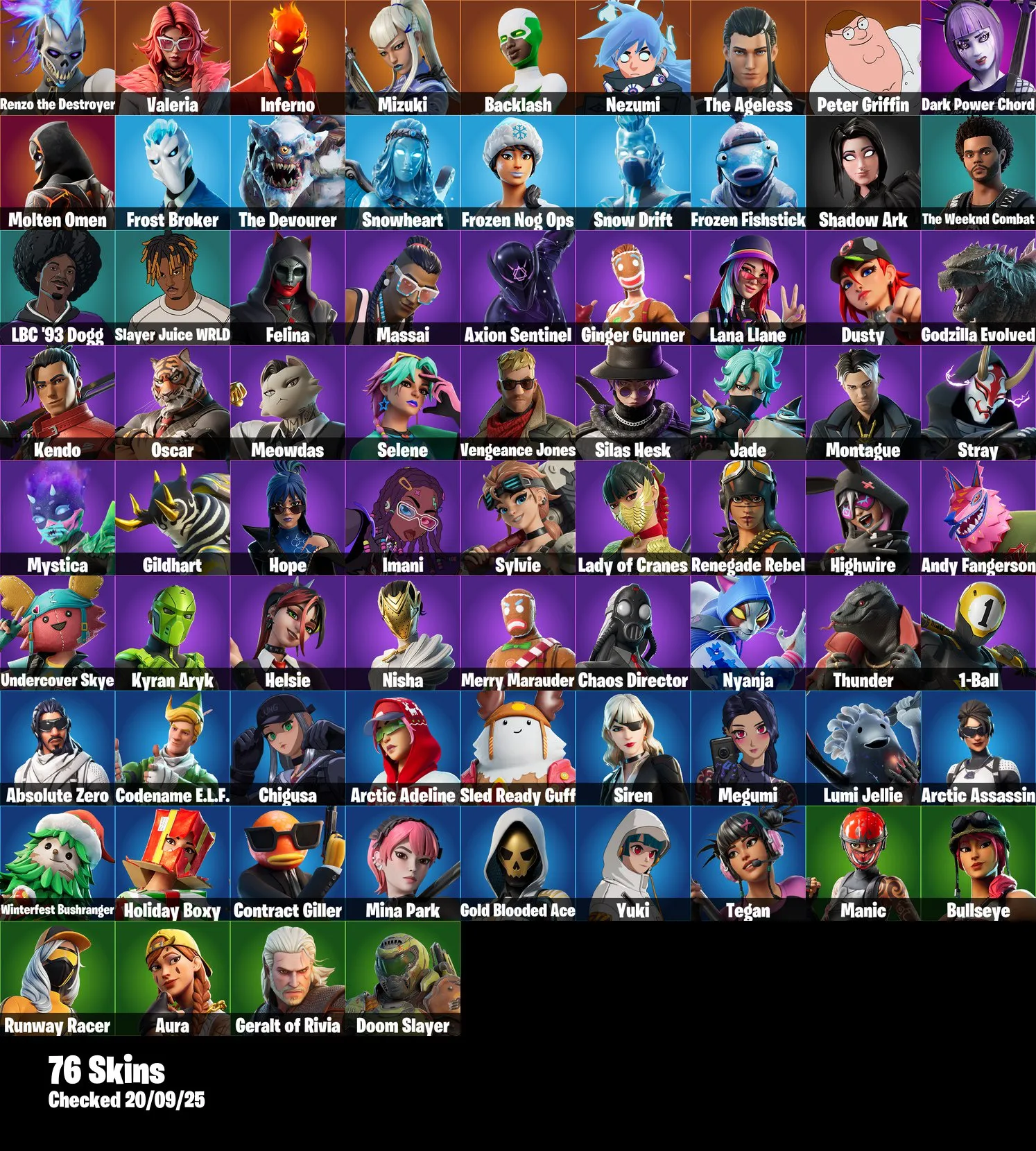 F1213 76 Skins Including Molten Omen, Felina, Absolute Zero, Massai, Axion Sentinel, Peter Griffin, Doom Slayer, Valeria, The Ageless, Frozen Nog Ops, Gold Blooded Ace, Contract Giller, Bullseye, Godzilla Evolved, Nezumi, Mizuki, Shadow Ark (G)