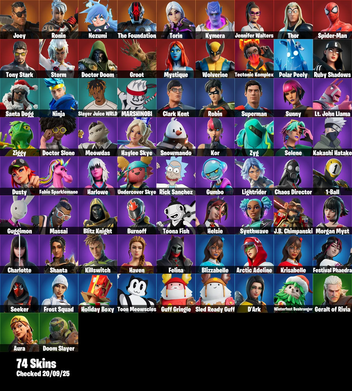 F1215 74 Skins Including Shooting Starstaff, Sunny, Lt. John Llama, The Foundation, Tony Stark, Spider-Man, Doctor Doom, Superman, Rick Sanchez, Gumbo, Kymera, Nezumi, Ronin, Thor, Groot, Wolverine, Ruby Shadows, Marshinobi, Doom Slayer, Aura (G)