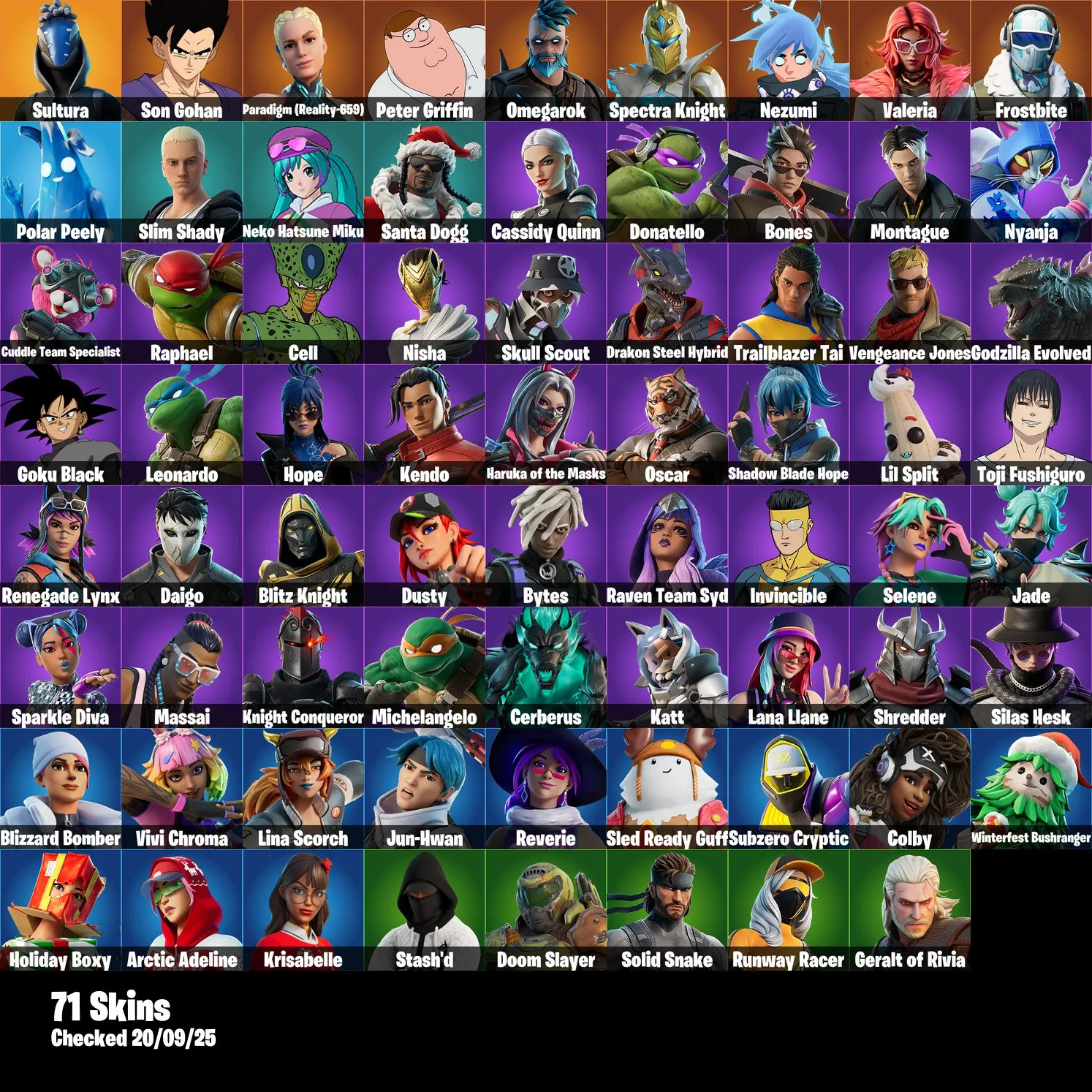 F1216 71 Skins Including Sultura, Cymitar, Snowtooth, Cassidy Quinn, Son Gohan, Peter Griffin, Paradigm, Omega, Spectra Knight, Nezumi (G)